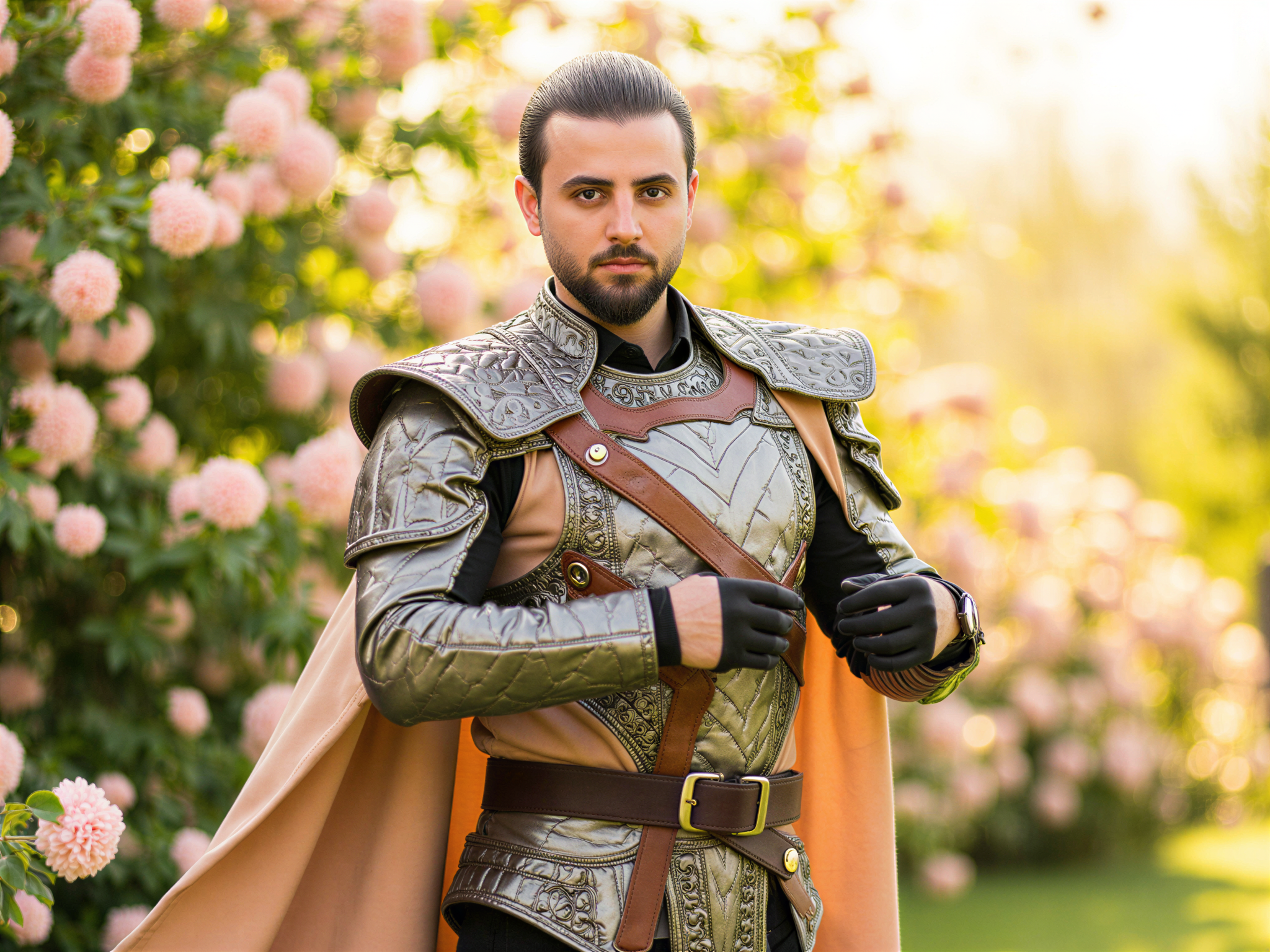 A male model, OD62S, aged 32, role-playing as Asuna Yuuki from the popular series Sword Art Online. He wears a detailed, authentic outfit that mirrors Asuna's iconic armor, complete with flowing accents and intricate embroidery. The setting is a bright and serene garden, filled with blooming flowers and soft sunlight filtering through the leaves, enhancing his joyful expression. His pose is dynamic, with arms slightly raised as if celebrating a victory, embodying the happy spirit of the character. The image captures the essence of adventure and excitement with a photorealistic style, creating a whimsical yet powerful atmosphere.