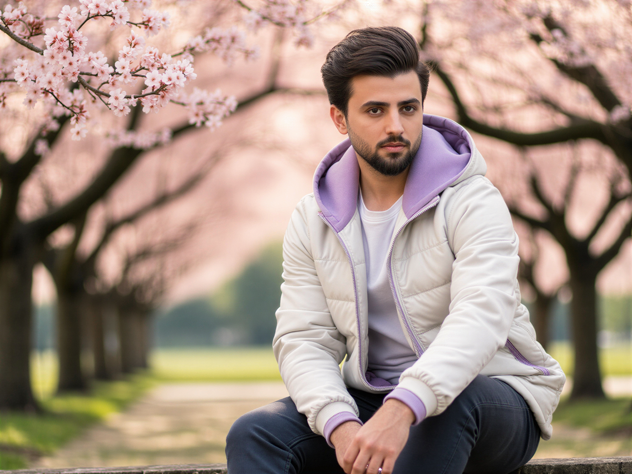A 32-year-old male, OD62S, is realistically portrayed as Hinata Hyuga from Naruto, capturing the character's signature gentle demeanor. He is dressed in a detailed, modernized version of Hinata's iconic outfit: a white, hooded jacket with subtle lavender accents and dark pants. The setting is a lush, serene Japanese garden, filled with blooming cherry blossoms, enhancing the joyful mood. His expression radiates happiness, with a soft smile that reflects warmth and kindness, while natural sunlight filters through the trees, illuminating the peaceful scene. The composition balances character authenticity with a hyper-realistic finish, creating a vibrant, engaging atmosphere.
