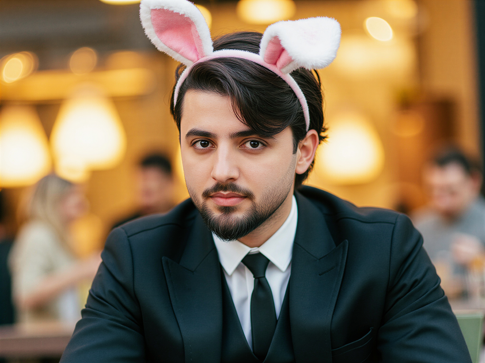 A 32-year-old male role-playing as Mai Sakurajima, the character from the anime Rascal Does Not Dream of Bunny Girl Senpai. He portrays her iconic style with a modern twist—dressed in a stylish, tailored black suit complemented by a chic white button-up shirt. A playful bunny headband rests atop his head, adding a whimsical touch. His expression radiates happiness, with a bright smile and sparkling eyes, capturing the character's blend of charm and confidence. The background features a soft-focus urban setting, emphasizing a lively and cheerful atmosphere, highlighted by warm, ambient lighting. This hyper-realistic portrayal invokes the essence of Mai while showcasing unique individuality.
