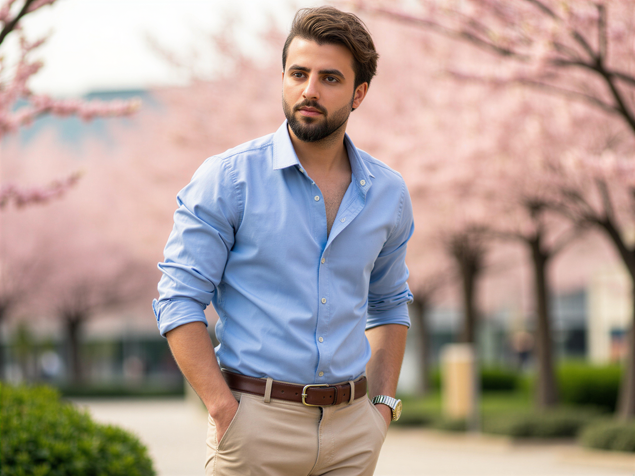 A charismatic male figure, OD62S, aged 32, embodying the spirit of Marin Kitagawa from the popular anime and manga, dressed in a stylish, casual spring outfit. He wears a fitted light blue shirt with rolled-up sleeves and tailored beige trousers, radiating a relaxed yet fashionable vibe. His hair is tousled but styled, with soft highlights that catch the light, complementing his joyful expression. The background features a sunlit urban park, with cherry blossoms in full bloom, enhancing the cheerful mood of the scene. The composition captures a sense of happiness and carefree enjoyment, perfect for an editorial on modern masculinity and style.