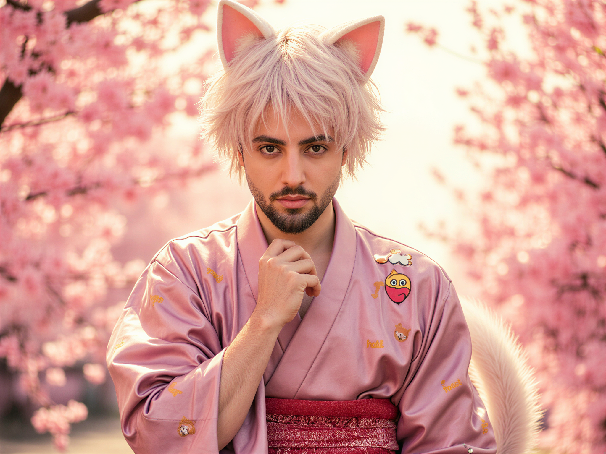 A 32-year-old male, OD62S, role-playing as Neko Hime, featuring a whimsical and playful aesthetic. He wears a stylized outfit combining elements of traditional Japanese fashion with modern flair: a sleek, fitted yukata in soft pastels adorned with cat motifs, accented by a fluffy tail and delicate, oversized cat ears perched playfully atop his head. His expression exudes joy and mischief, enhanced by bright, animated eyes and a broad smile. The background is a vibrant, enchanted garden filled with cherry blossoms and soft, dappled sunlight filtering through the leaves, capturing a joyful and magical mood. The visual art should focus on hyper-realistic details, emphasizing the textures of the fabric and the whimsical character design.