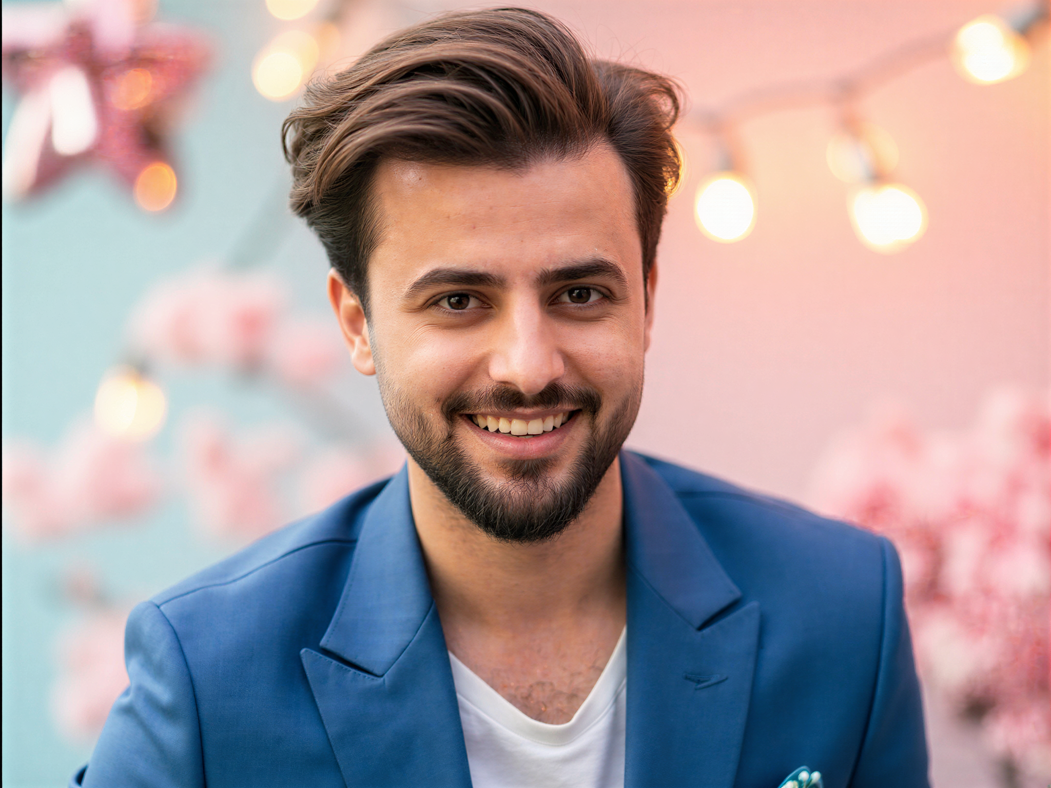 A joyful male figure, OD62S, aged 32, embodies the essence of Rem from the popular series, wearing a stylishly tailored blue suit that mirrors the character's aesthetic. His playful smile and bright eyes radiate happiness, with his hair styled in an effortless tousle reminiscent of animated charm. The background is a dreamy pastel setting, enhanced by soft lighting that creates a whimsical atmosphere, evoking a sense of joy and light-heartedness. The composition perfectly balances the character's essence while highlighting his vibrant energy, making it a captivating tableau of happiness and style.