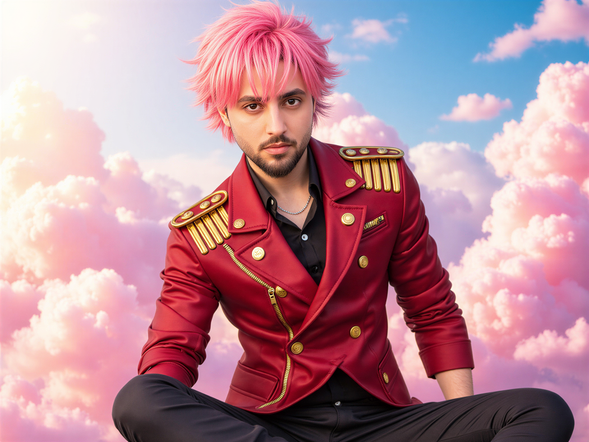 A 32-year-old male model, OD62S, role-playing as Zero Two from the anime series Darling in the Franxx, emulating the character's signature look with a hyper-realistic twist. He wears a stylish, fitted red uniform jacket adorned with golden details, paired with sleek black pants. His playful expression radiates happiness, echoing Zero Two's cheerful personality. The setting features a vibrant, dreamy background filled with soft pastel colors and abstract clouds, capturing the essence of a fantastical world. His hair is dyed a striking pink and styled in a slightly tousled manner, emphasizing a blend of realism and anime flair. The lighting is soft, enhancing his joyful expression and creating a whimsical, magical atmosphere.