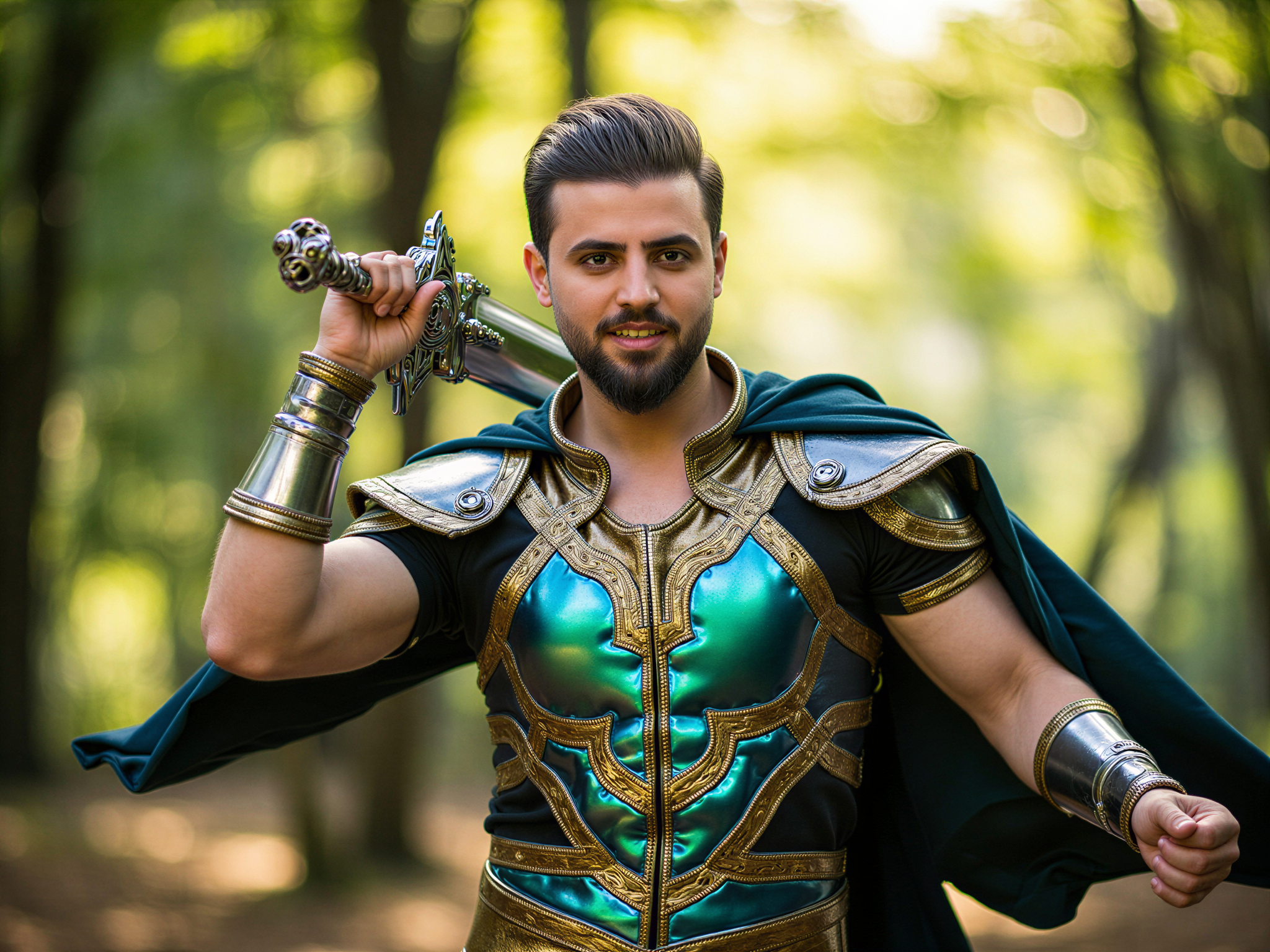 A joyful male figure, OD62S, aged 32, embodying a fantasy cosplay character with vibrant energy. He is dressed in an elaborate costume featuring intricately designed armor that glimmers in iridescent hues, reminiscent of mythical heroes. The character's flowing cape billows around him, showcasing dynamic movement. The setting is an enchanted forest, with soft, dappled sunlight filtering through the leaves, casting a magical glow. His expression is one of elation, eyes sparkling with excitement as he brandishes a detailed prop sword, capturing a moment of triumph in his fantasy realm, emphasizing a sense of playfulness and adventure. The image is vivid and bright, immersing the viewer in the whimsical world of fantasy cosplay.