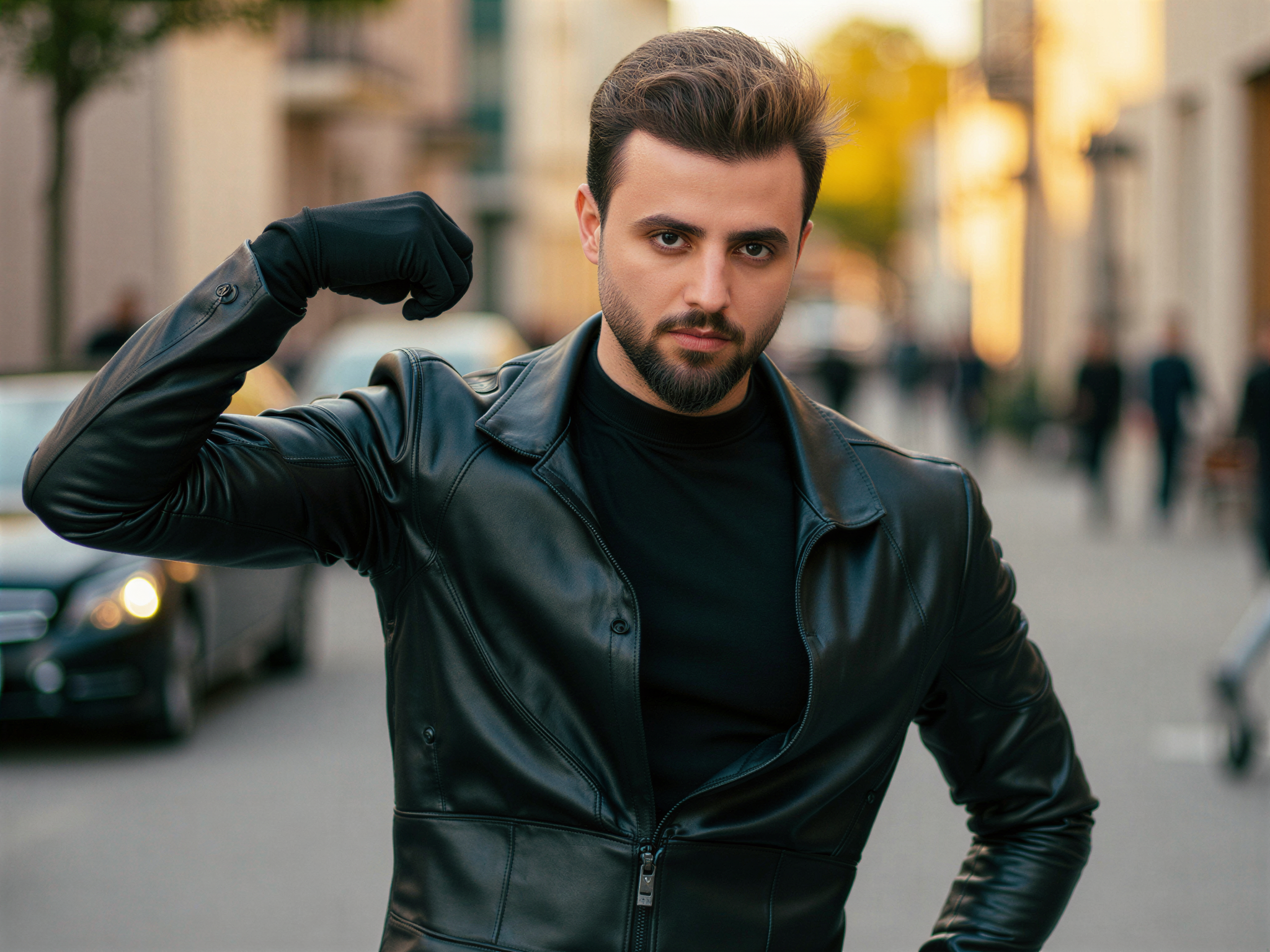 A 32-year-old male model, OD62S, role-playing as Black Widow in a hyper-realistic setting. He exudes confidence, wearing a black bodysuit tailored with sleek lines and subtle armor detailing that captures the essence of the iconic character. The environment is a dynamic urban backdrop, vibrant with soft natural lighting that enhances the happy mood. He strikes a powerful pose, one arm raised as if ready for action, with a playful smirk that contrasts the often-serious demeanor of Black Widow. His hair is styled in a tousled fashion, and he embodies a blend of strength and charm, making the portrayal both striking and approachable.