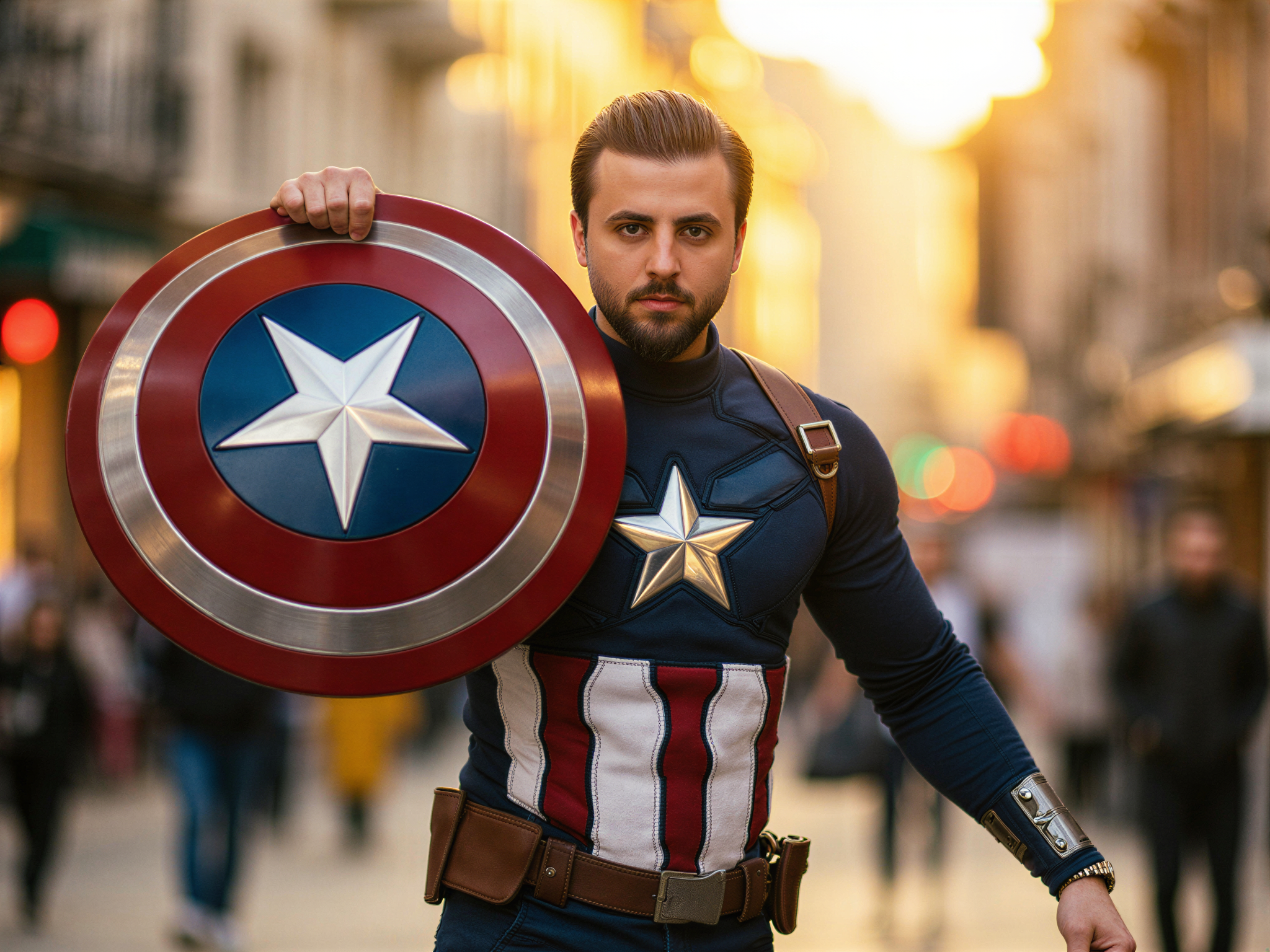 A 32-year-old male embodying the heroic essence of Captain America, OD62S, stands proudly in a vibrant urban setting. Dressed in a meticulously crafted, hyper-realistic Captain America costume featuring the iconic star and shield, he emanates charisma and strength. The sun casts warm, golden hour light across his chiseled features, enhancing the details of the costume. His posture is confident and open, with a joyful expression as he holds the shield high, portraying a sense of triumph and heroism. The background showcases a bustling city atmosphere, filled with color and energy, amplifying the mood of happiness and vitality in the scene.