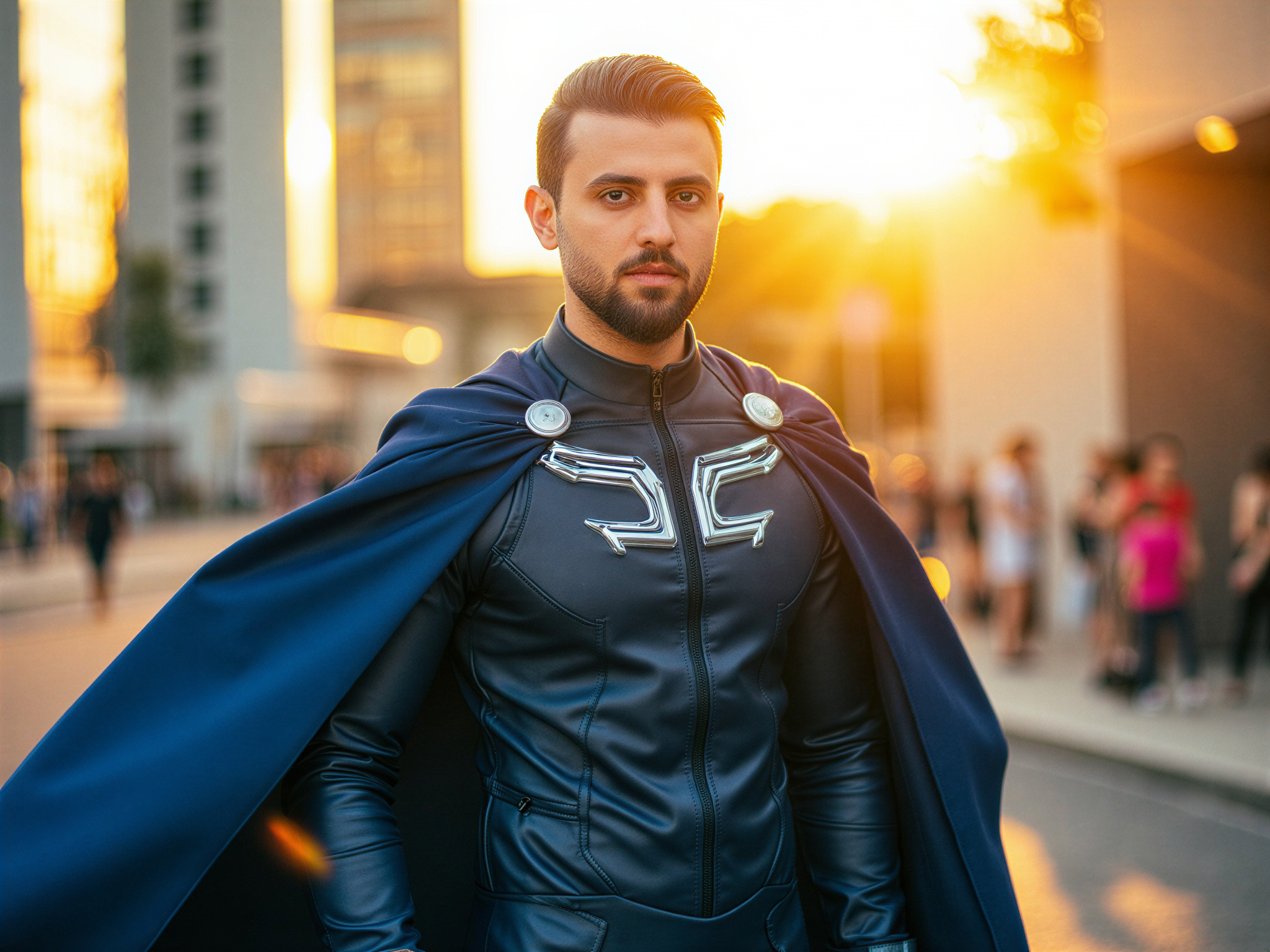 A dynamic portrait of a male superhero, OD62S, aged 32, radiating joy and confidence. He is clad in a cutting-edge, sleek midnight blue costume with metallic silver accents, designed with a futuristic flair. His cape billows behind him, catching the light, as he stands heroically against a vibrant cityscape backdrop. The setting is bright and colorful, matching the happy mood, with sun rays gleaming down and casting a golden glow. His face showcases a wide, infectious smile, embodying the essence of a cheerful and uplifting hero. The image perfectly blends the excitement of comic book aesthetics with high-fashion sensibility, inviting the viewer into a powerful narrative of positivity and strength.
