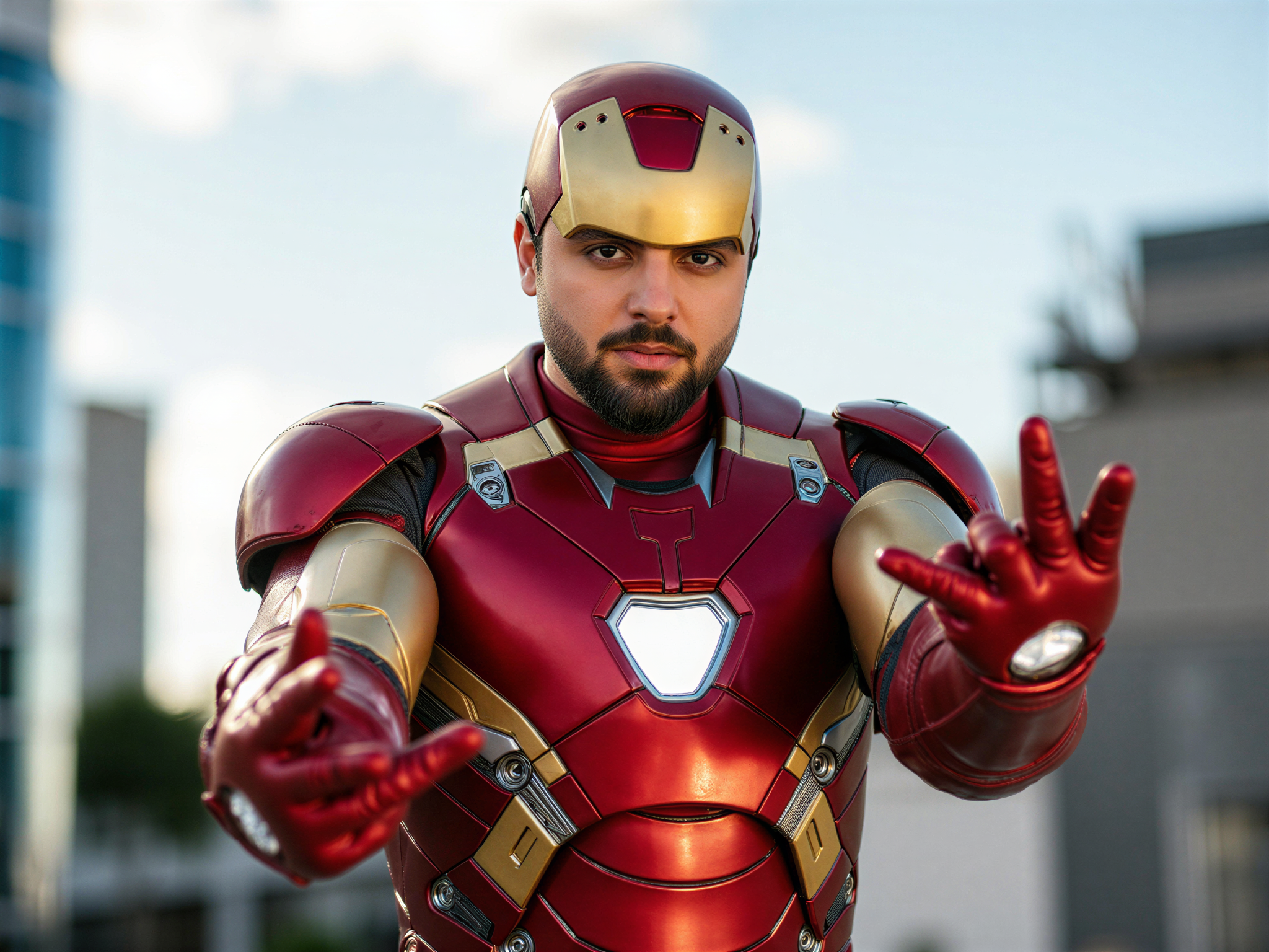 A dynamic portrayal of a male, OD62S, aged 32, embracing the persona of Iron Man in a hyper-realistic role-playing scenario. He stands heroically in an urban setting, wearing a meticulously detailed red and gold Iron Man suit that gleams under the sun. His face, visible through the helmet's visor, radiates joy and enthusiasm, exemplifying the character’s bold spirit. The backdrop features skyscrapers and glimpses of a bright blue sky, capturing an adventurous and exhilarating mood. Soft sunlight highlights the suit's intricate textures while accentuating the character's confident stance. This image captures the essence of a modern superhero, infused with a sense of happy triumph.