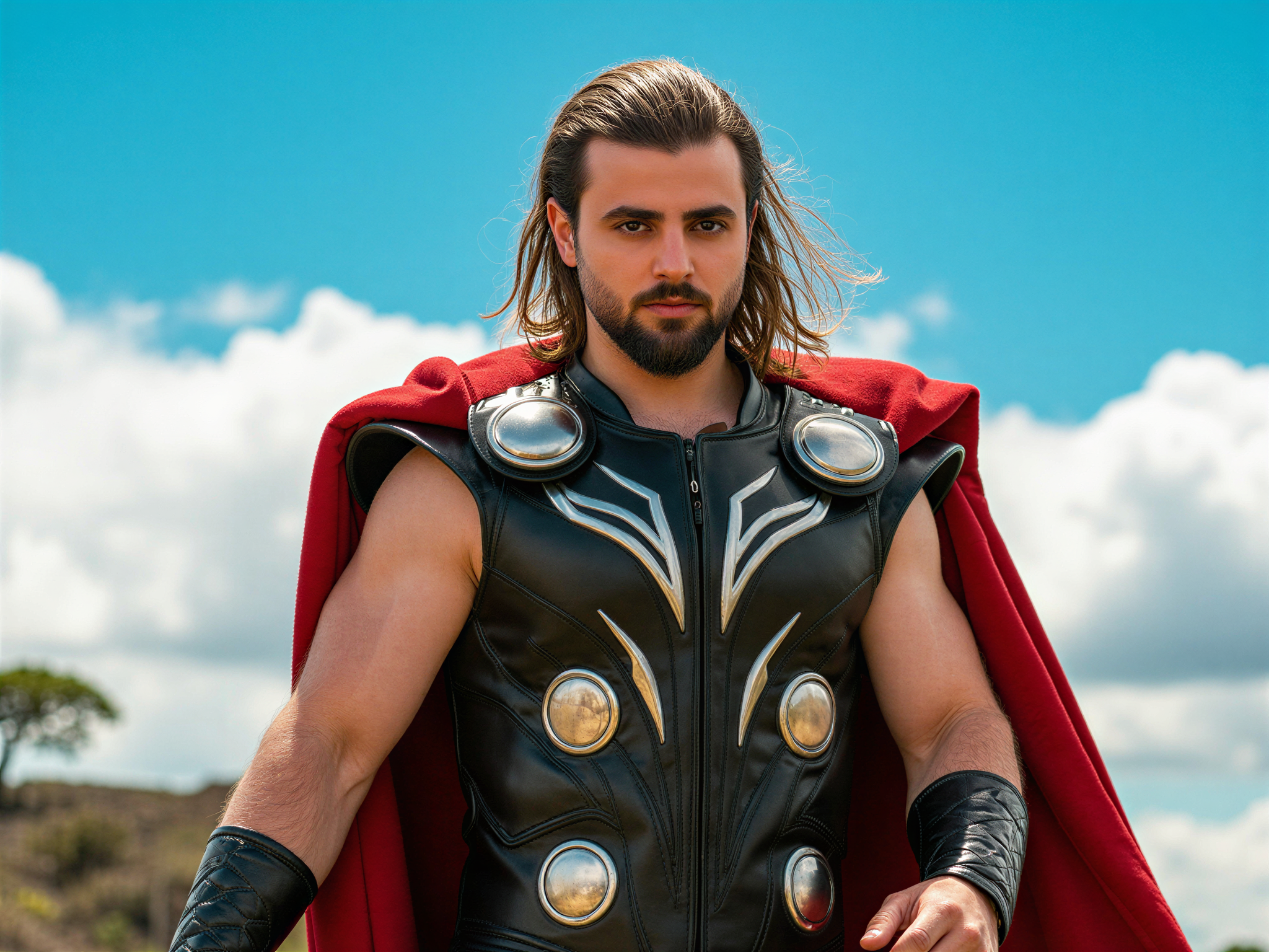 A 32-year-old male, OD62S, embodying the powerful and heroic character of Thor. He is portrayed with a muscular build, wearing a detailed, realistic costume that features intricate armor, a flowing red cape, and a mighty hammer, Mjolnir, resting against his shoulder. His long hair flows freely and his beard is well-groomed, capturing the essence of the Norse god. The setting is a bright, outdoor landscape with a vibrant blue sky and fluffy clouds, enhancing the mood of joy and triumph. The light spills across his confident stance, highlighting the grandeur of the character, evoking a sense of happiness and strength.
