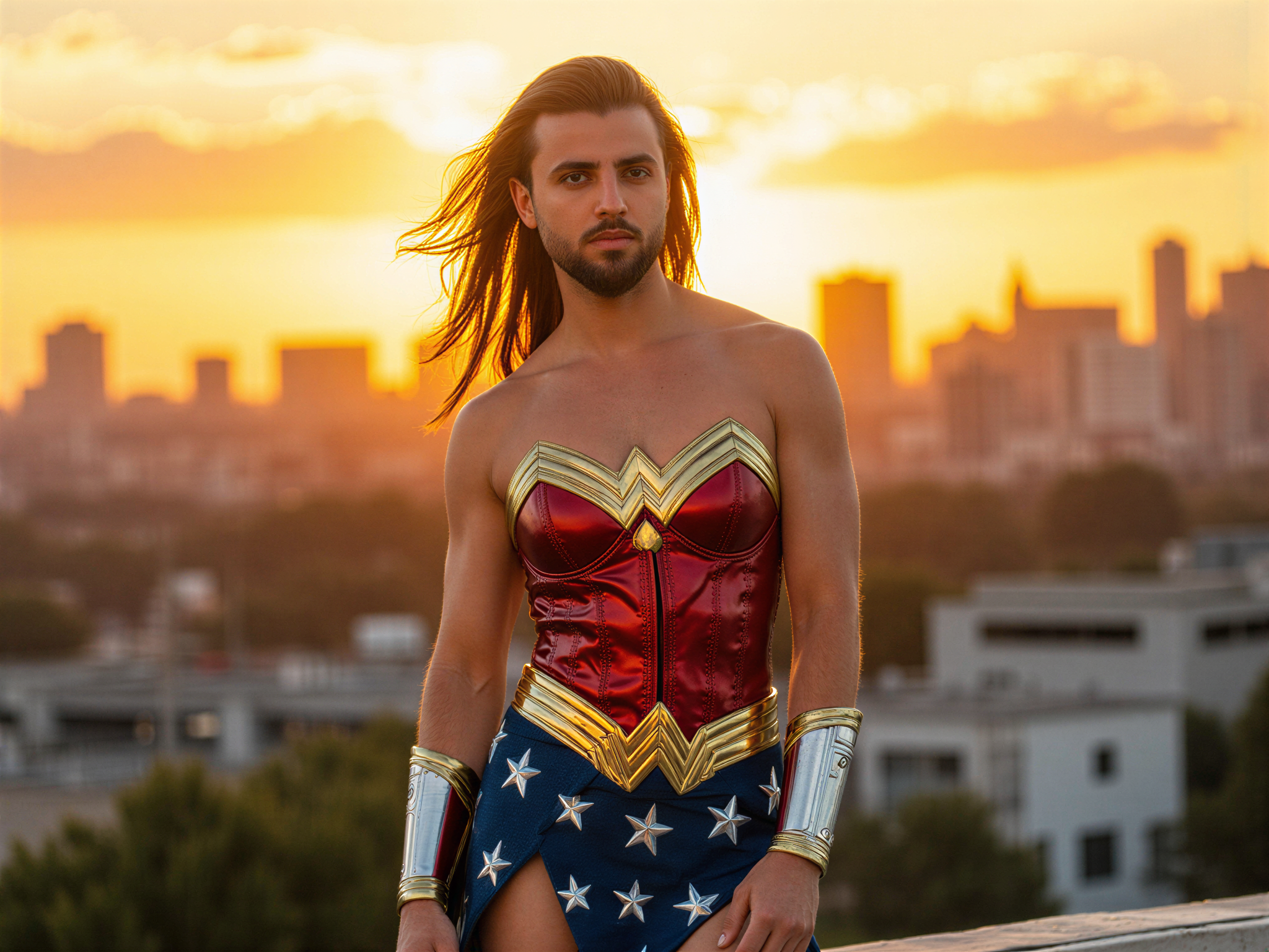 A male model, OD62S, aged 32, role-playing as Wonder Woman in a hyper-realistic portrayal. He wears a meticulously crafted version of Wonder Woman's iconic costume, featuring a shimmering red bustier adorned with gold accents and a high-cut blue skirt with silver stars. He is posed heroically on a vibrant city rooftop at sunset, a warm golden light casting a radiant glow around him. The joyful expression on his face reflects confidence and a sense of empowerment, embodying the fearless spirit of the character. The background features a dynamic urban skyline, adding to the uplifting atmosphere that captures the essence of heroism and happiness.