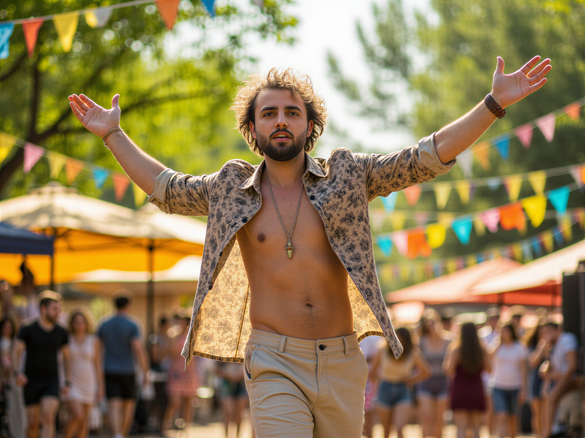 A joyous male figure, OD62S, aged 32, captured at a vibrant outdoor festival, exuding an infectious energy. He is dressed in a relaxed, bohemian-style shirt adorned with intricate patterns, paired with comfortable linen trousers. His hair is styled in loose waves, adding to his carefree vibe. Bright, colorful flags flutter in the background, while mid-day sun filters through lush trees, creating a dappled light effect that highlights the subject’s animated expression. He stands with arms wide open, inviting the world to join his celebration, embodying the essence of happiness and festival spirit. This moment captures the euphoria of connection and freedom, ideal for a lifestyle editorial.