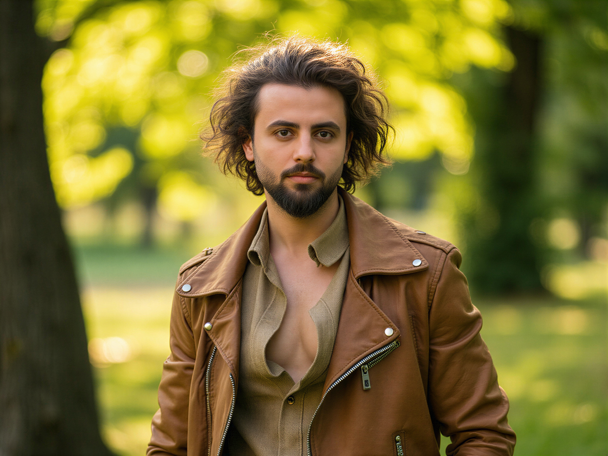 A 32-year-old male, OD62S, role-playing a character inspired by Studio Ghibli, embodying the whimsical spirit and charm typical of the animations. He wears a flowing, earthy-toned outfit reminiscent of a forest spirit, complete with intricate details and nature-inspired motifs. His expression is joyful and carefree, with sparkling eyes that capture a sense of wonder. The background features a vibrant, lush green forest with soft, golden sunlight filtering through the trees, creating a magical atmosphere that enhances the happy mood. This portrait is both photorealistic and vibrant, channeling the essence of a Ghibli film while highlighting the spirit of adventure.