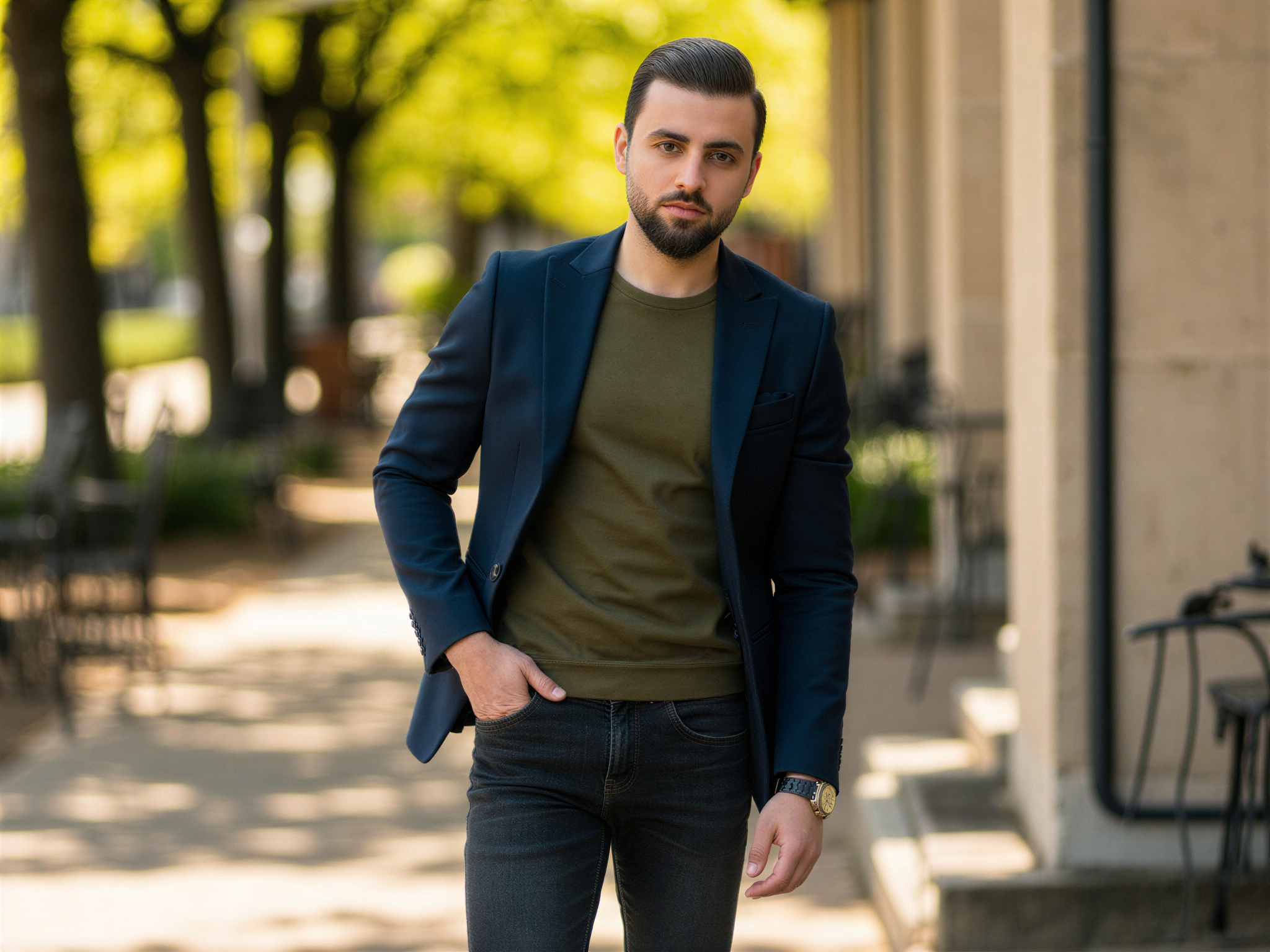 A cheerful male figure, OD62S, aged 32, exuding vibrant energy as he poses amidst iconic campus landmarks. Dressed in a stylish yet casual outfit — a fitted navy blazer over an olive-green crew neck and dark jeans — he stands confidently with one hand on his hip, a bright smile on his face. Sunlight filters through the trees, casting playful shadows on the ground, enhancing the warm and happy mood of the scene. The environment is enriched by classic architectural elements in the background, creating a dynamic blend of modern style and traditional atmosphere, perfect for a contemporary lifestyle editorial shot.