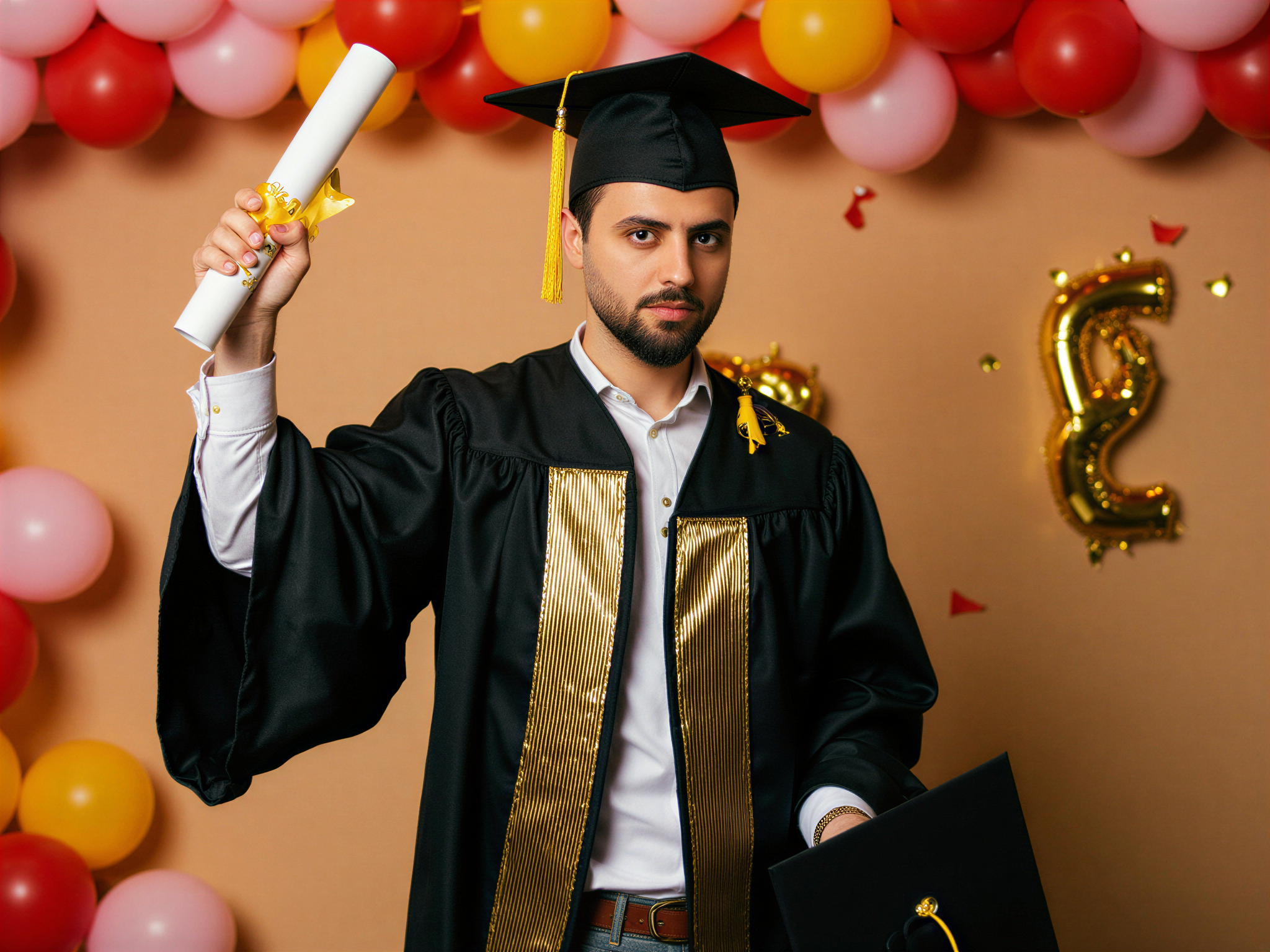 A joyful male graduate, OD62S, aged 32, captured in a celebratory pose wearing a classic black graduation gown embellished with gold accents, holding a diploma in one hand and a graduation cap in the other. His bright smile radiates happiness and accomplishment as he stands amidst a backdrop of vibrant balloons and confetti, symbolizing new beginnings. The lighting is warm and inviting, highlighting his exuberance and the pride of this significant milestone. This hopeful moment captures the spirit of achievement, ready for the next chapter of life.