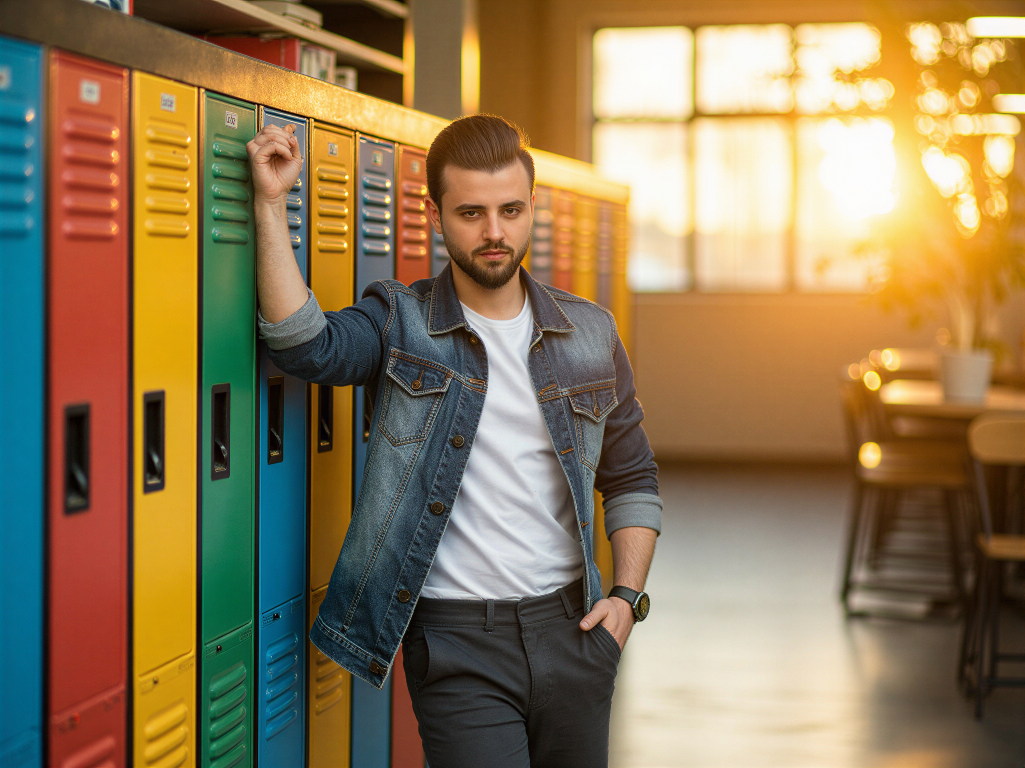 A 32-year-old male, OD62S, exudes youthful exuberance in a high school setting. Captured in a candid moment, he wears a casual yet stylish outfit: a fitted denim jacket over a crisp white t-shirt, paired with dark chinos and trendy sneakers. His genuine smile radiates happiness as he leans against a colorful locker, surrounded by books and personal items that reflect a vibrant school life. The warm, natural light streaming through large windows highlights the carefree spirit of youth, creating an atmosphere of nostalgia and joy. The composition is lively, with blurred background elements adding depth while keeping the focus on his cheerful expression.