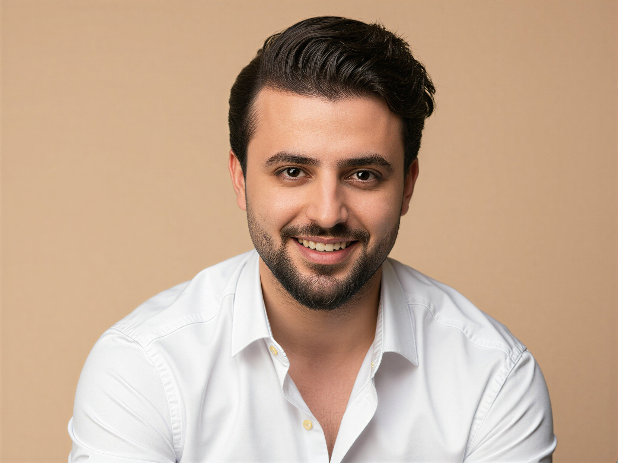 A joyful male subject, OD62S, aged 32, captured in a series of headshots that exude warmth and charisma. The lighting is soft and flattering, highlighting his infectious smile and sparkling eyes. His hair is styled casually, and he wears a crisp white shirt with the top button undone. The background is a muted pastel, enhancing the cheerful mood. His expression is relaxed yet engaging, perfectly embodying a professional yet personable presence, ideal for an editorial showcase or corporate branding. The overall feeling is one of approachability and positivity, making the viewer feel instantly drawn to him.