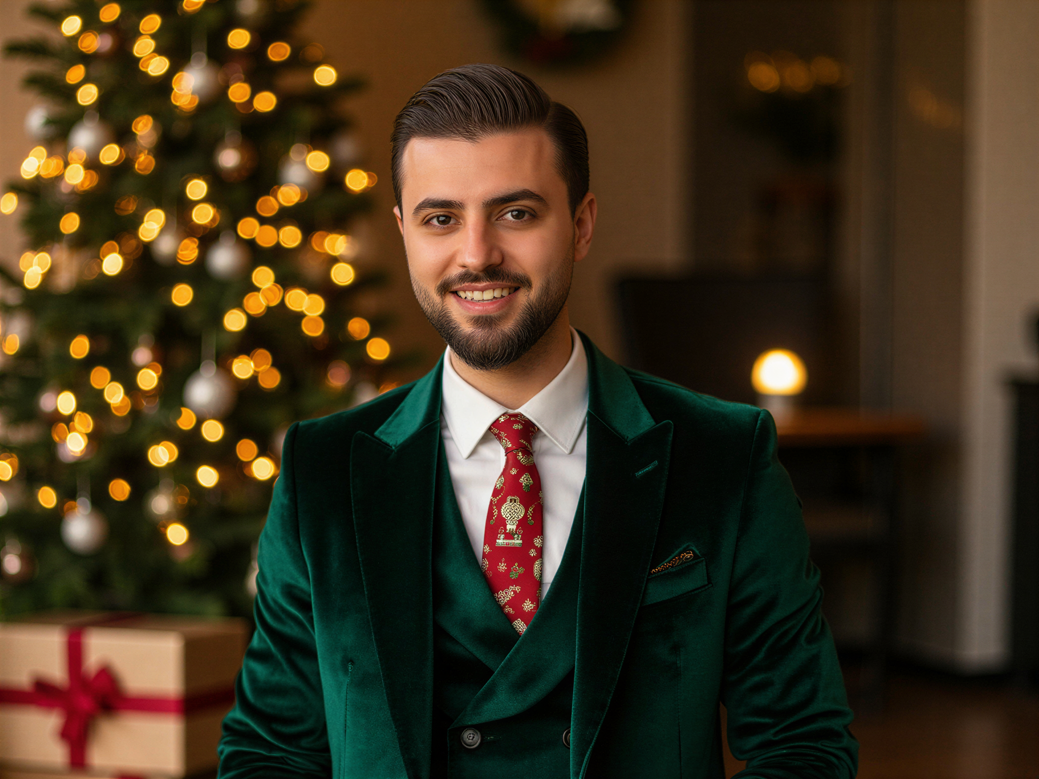 A joyful male individual, OD62S, aged 32, embodying the festive spirit of Christmas. Dressed in a tailored, deep emerald green velvet blazer over a crisp white shirt with a holiday-themed tie, he stands in front of a beautifully decorated Christmas tree adorned with sparkling ornaments and twinkling lights. The setting is warmly lit, creating a cozy atmosphere, with wrapped presents scattered around his feet. His expression radiates happiness, with a bright smile and twinkling eyes, capturing the essence of joyful holiday celebrations. The composition balances Christmas charm with high-fashion aesthetics, perfect for a seasonal editorial.  ,filename:joyful-male-individual-age-32-celebrating-christmas-in-high-fashion-style.png}