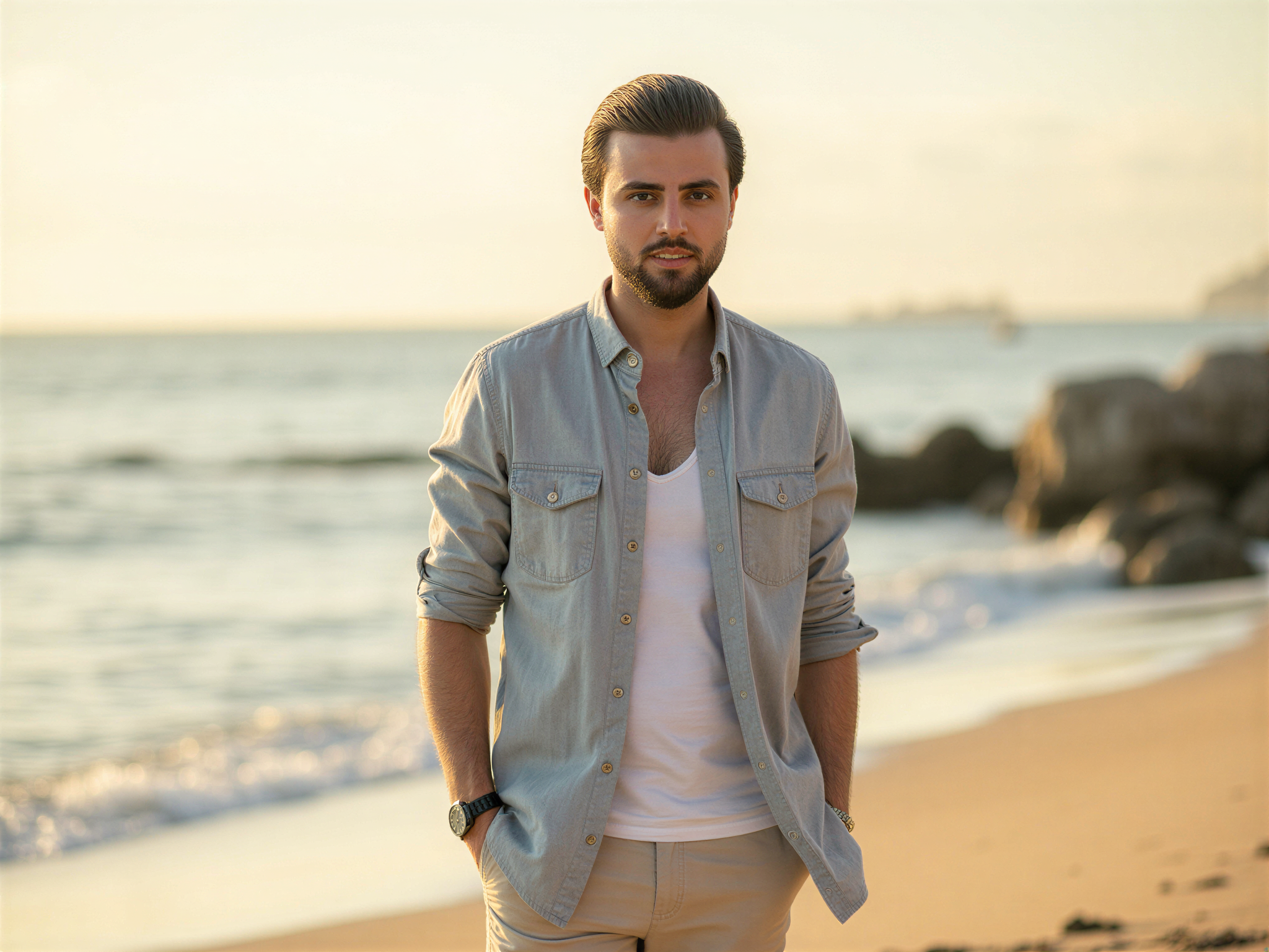 A joyful male figure, OD62S, aged 32, embodies the essence of a sun-soaked holiday. He stands in a picturesque coastal setting, wearing a light linen shirt in soft chambray and tailored shorts that hint at effortless style. The warm glow of golden hour enhances his sun-kissed skin, while his carefree smile radiates happiness, reflecting a mood of relaxation and contentment. Grains of sand cling to his toes, and behind him, gentle waves lap at the shore, creating a serene backdrop. The composition captures the joy of summer escapades, with soft focus on the horizon and bright, airy colors that evoke an unforgettable holiday vibe.