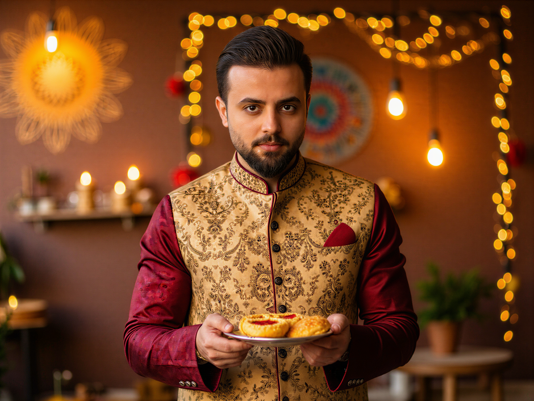 A joyful male figure, OD62S, aged 32, celebrating Diwali with an air of festive exuberance. He is dressed in a traditional, intricately embroidered kurta in rich gold and deep maroon hues, perfectly capturing the spirit of the celebration. The background is adorned with flickering diyas and vibrant rangoli patterns, creating a warm, inviting atmosphere. His expression radiates happiness, with a bright smile and lively eyes, as he holds a plate of sweets. Sparkling fairy lights twinkle around him, adding to the festive mood. The composition is rich with cultural details, blending tradition with modern joy, evoking the essence of Diwali in a photorealistic style.