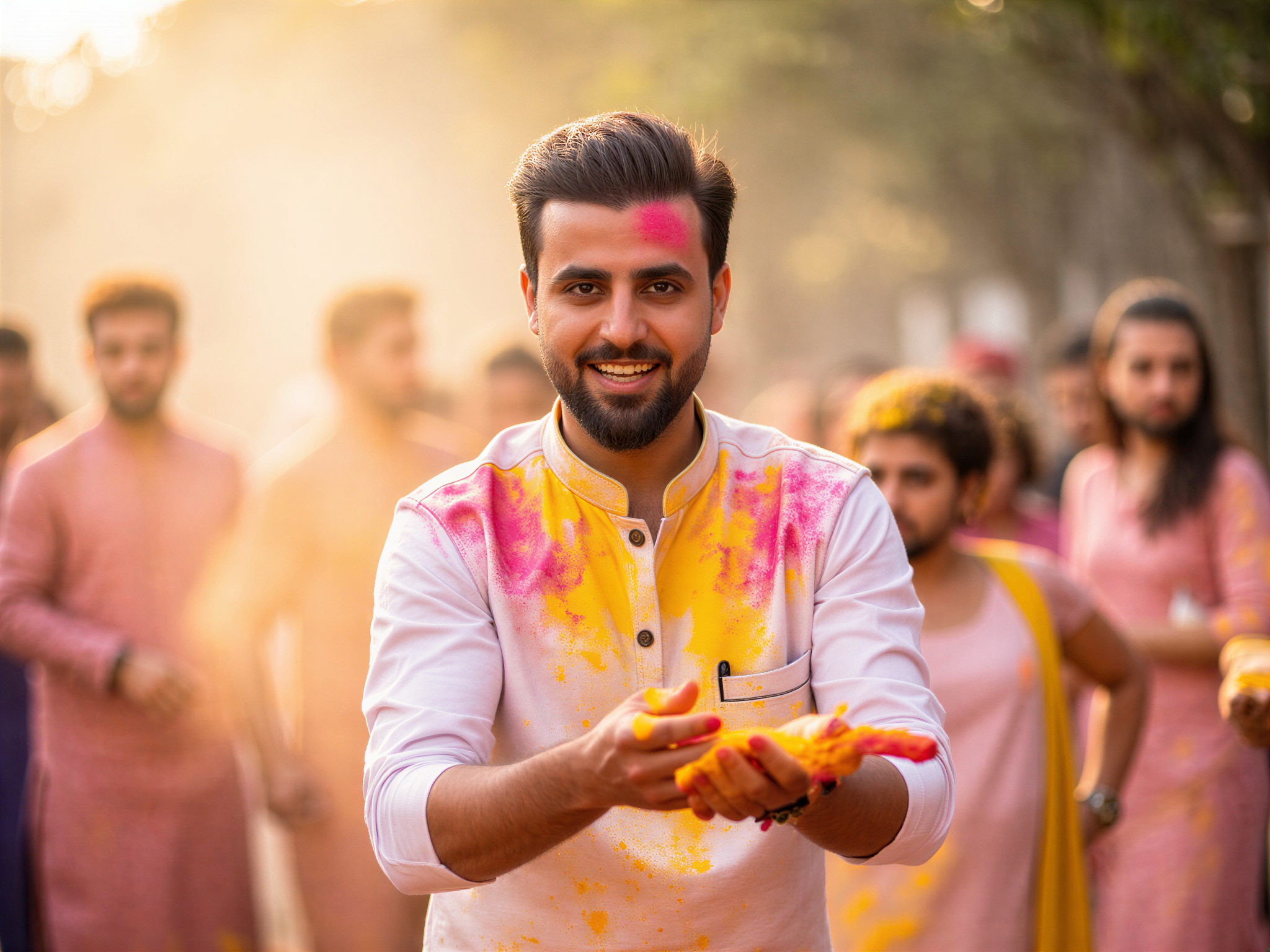 A joyful male figure, OD62S, aged 32, celebrating the vibrant festival of Holi. He is depicted with a wide smile, surrounded by clouds of colorful powdered pigments—gulal—in hues of pink, yellow, and blue. Dressed in a white kurta splashed with bright colors, his animated gesture of throwing a handful of powder into the air captures the spirit of celebration. The sunlight spills over the scene, creating an uplifting atmosphere filled with laughter and energy. The background features blurred silhouettes of people in similar festive attire, enhancing the communal joy of the occasion. The lighting is warm and bright, emphasizing the colors and happiness of Holi. This image encapsulates pure joy, festivity, and cultural richness, perfect for an editorial spread.