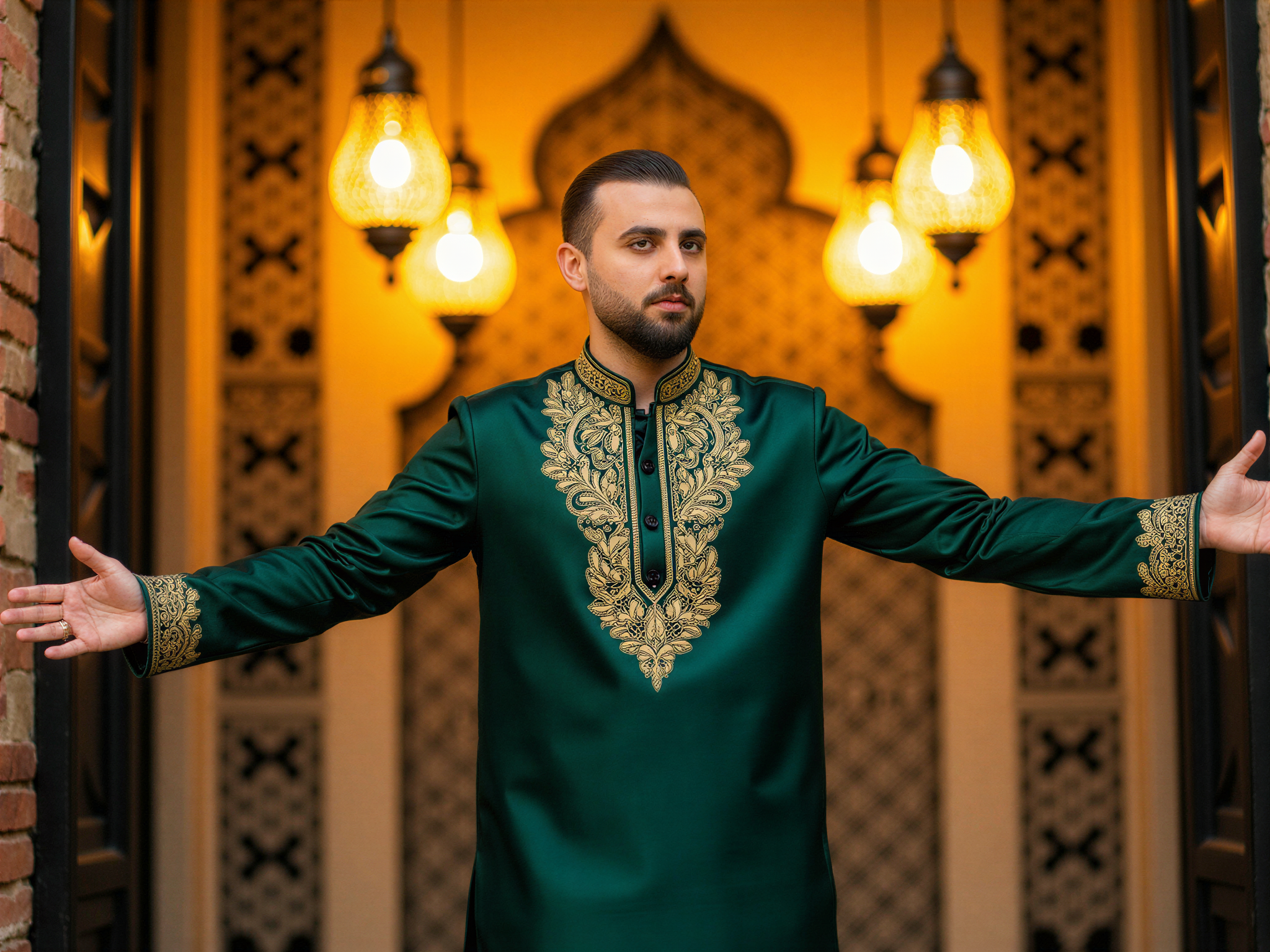 A 32-year-old male, OD62S, captured in a joyous moment during Ramadan. Dressed in a beautifully embroidered traditional kurta in rich emerald green with gold accents, he stands with arms open wide, conveying warmth and celebration. The backdrop features softly lit lanterns and intricate geometric patterns, reminiscent of traditional Islamic architecture. His expression radiates happiness and contentment, with twinkling eyes and a wide smile. The soft, ambient lighting enhances the festive mood, creating a serene yet festive atmosphere, embodying the spirit of Ramadan.