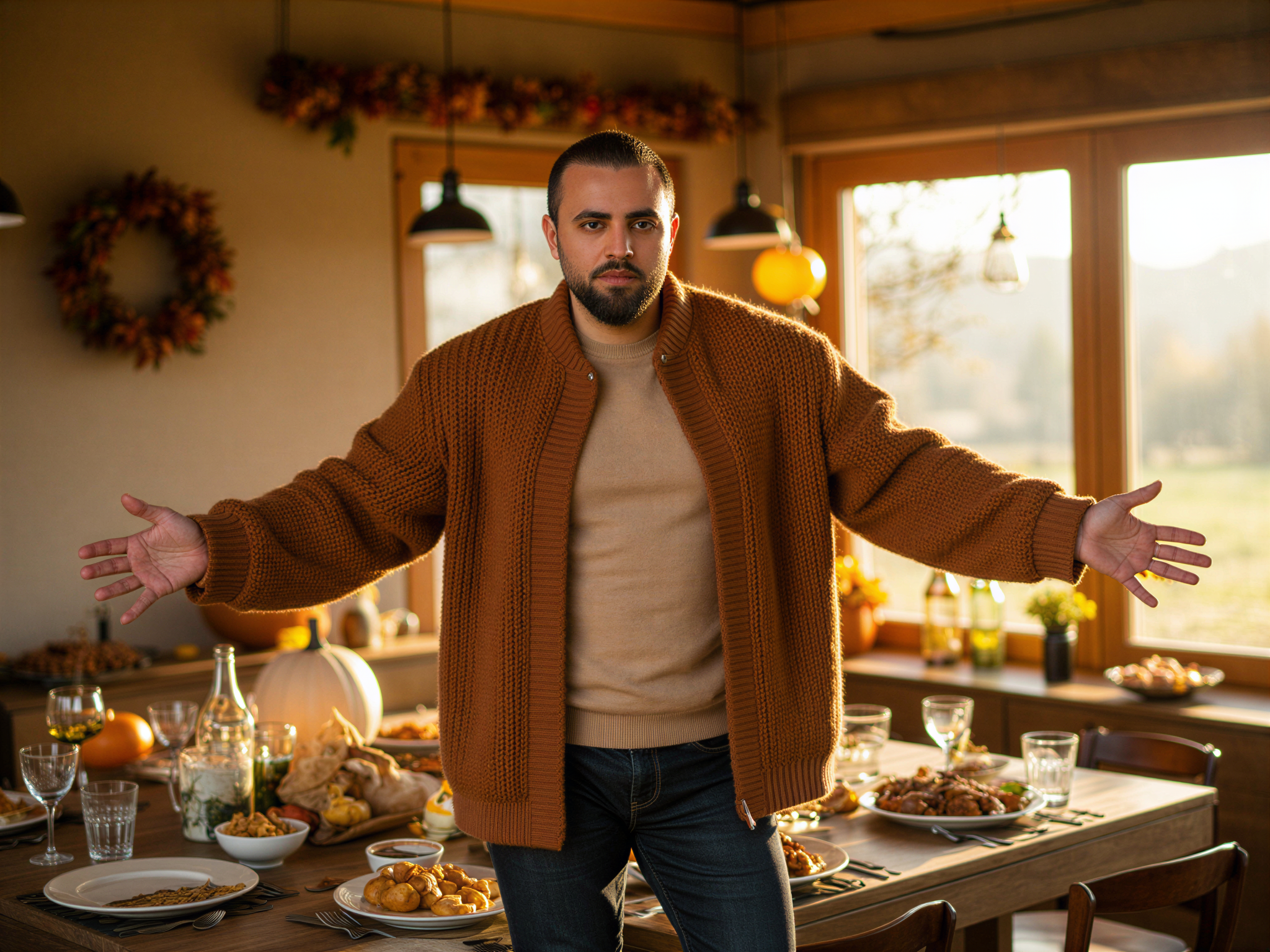 A joyful male figure, OD62S, aged 32, captured in a celebratory Thanksgiving setting. He stands in a rustic dining room, adorned with autumnal decorations—pumpkins, garlands of leaves, and a beautifully set table laden with a sumptuous feast. Dressed in a cozy, oversized knit sweater in warm, earthy tones and dark denim jeans, he radiates a warm and welcoming spirit. His relaxed pose, with arms open wide and a broad smile, conveys happiness and gratitude, embodying the essence of family and togetherness during the holiday. The lighting is soft and golden, reminiscent of late afternoon sunshine filtering through the window, wrapping the scene in a comforting glow.