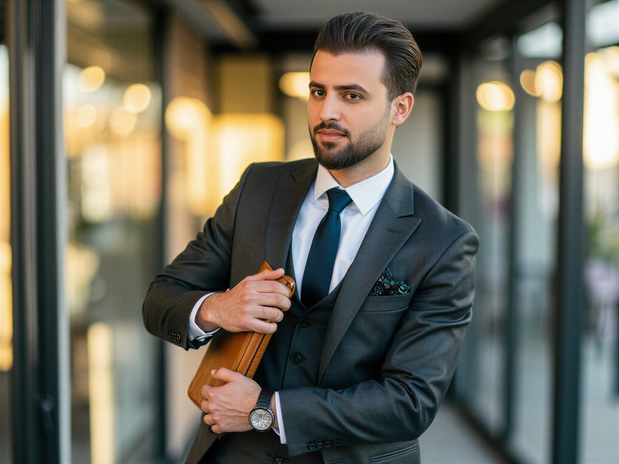 A charismatic male professional, OD62S, aged 32, exuding confidence and approachability in a vibrant urban office setting. He is dressed in a tailored charcoal gray suit with a crisp white shirt and a stylish navy tie, holding his portfolio confidently under one arm. His warm, genuine smile radiates positivity, complemented by well-groomed hair and a relaxed posture, conveying a sense of achievement. The natural light streaming through large windows highlights the modern décor, creating an inviting atmosphere that emphasizes his happy demeanor. This portrait captures the essence of a successful professional ready to make his mark in the corporate world.