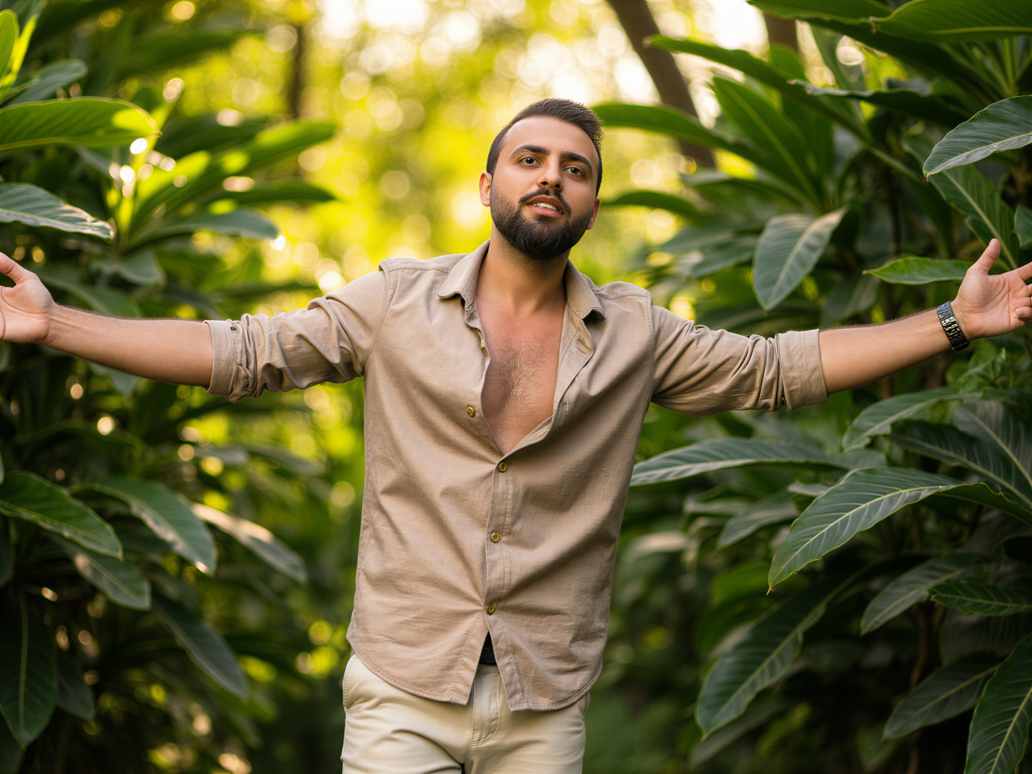 A 32-year-old male model, OD62S, stands radiantly in a lush jungle environment, exuding a vibrant energy. He is dressed in a tailored linen shirt in soft, earthy tones, paired with cream-colored chinos that allow for ease of movement. Sunlight filters through the dense foliage overhead, casting dappled shadows on his face, which showcases a warm smile and twinkling eyes filled with joy. His relaxed pose, arms slightly open and head tilted back towards the sky, captures the essence of happiness in harmony with nature. The surrounding tropical plants enhance the cheerful atmosphere, emphasizing the beauty of the moment within this verdant paradise. The composition highlights the interplay between light and shadow, evoking a sense of freedom and connection to the natural world.