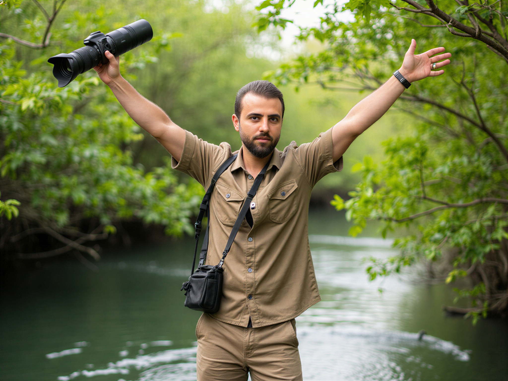 A joyful male figure, OD62S, aged 32, exploring the lush beauty of the Okavango Delta. He stands proudly amidst the vibrant greens and swirling waterways, wearing a lightweight, khaki safari shirt and shorts, embodying the adventurous spirit of a modern explorer. The sunlight filters through the trees, casting dappled shadows on his sun-kissed skin. With a bright smile, he holds a camera at the ready, capturing the mesmerizing landscape. His posture conveys exuberance, with one arm raised in a celebratory gesture, while the other holds his camera, embodying the thrill of discovery in this unique African paradise. The composition is rich with natural colors, highlighting the vivid blues and greens of the Delta, evoking a sense of happiness and wonder.