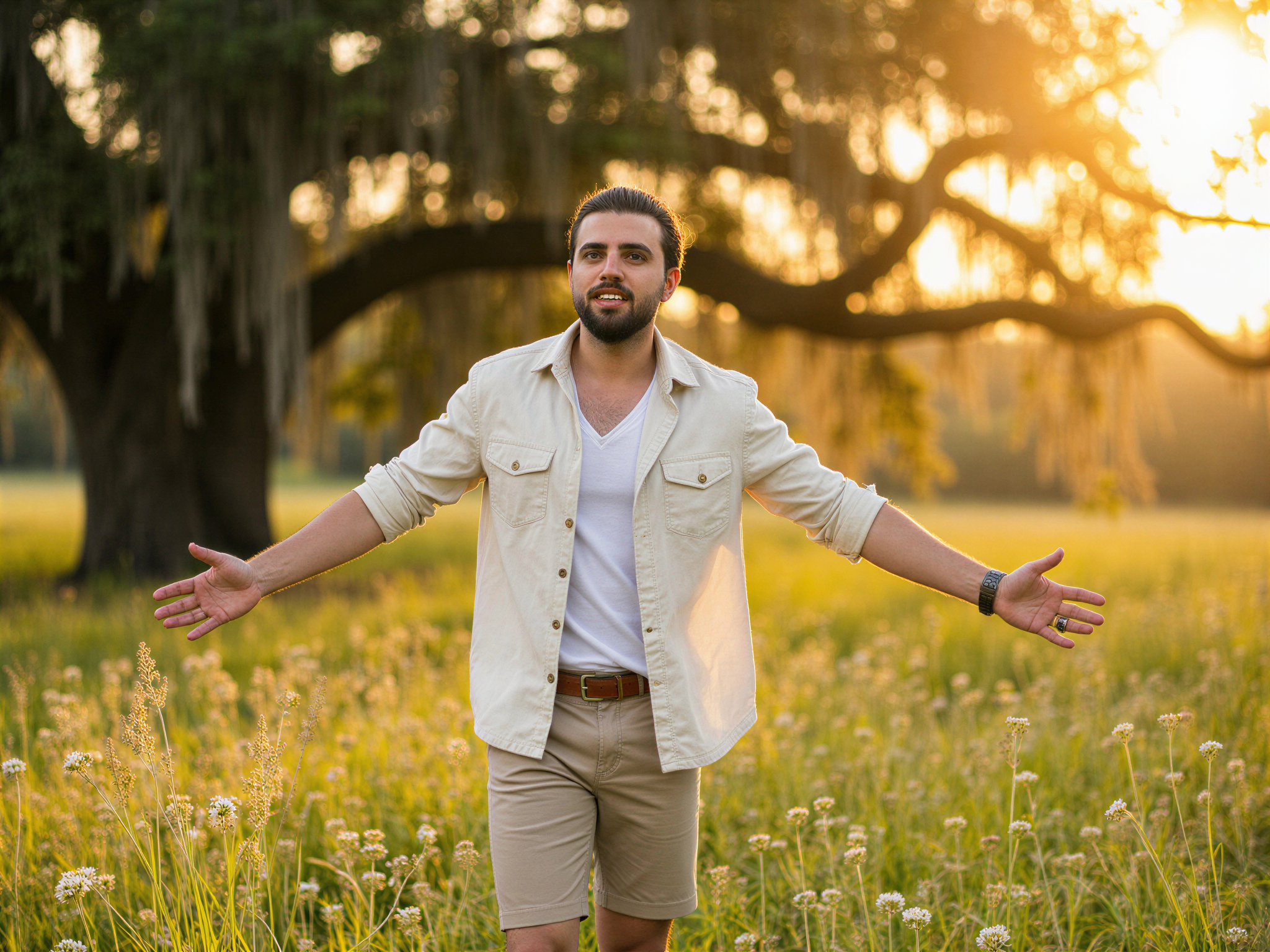 A joyful male figure, OD62S, aged 32, is captured in a picturesque Savannah landscape, the golden hour casting a warm glow. He stands amid tall grasses, surrounded by blooming wildflowers and large, ancient oak trees draped in Spanish moss. Dressed in a light linen shirt and tailored shorts that whisper of Southern charm, his relaxed pose—arms outstretched and head tilted back—radiates genuine happiness. The soft, diffused sunlight enhances his charismatic smile, creating a scene that evokes the serene beauty of the South and the warmth of relationship in nature. The composition plays with negative space to highlight the harmony between the subject and the lush surroundings, encapsulating a moment of pure joy and contentment.