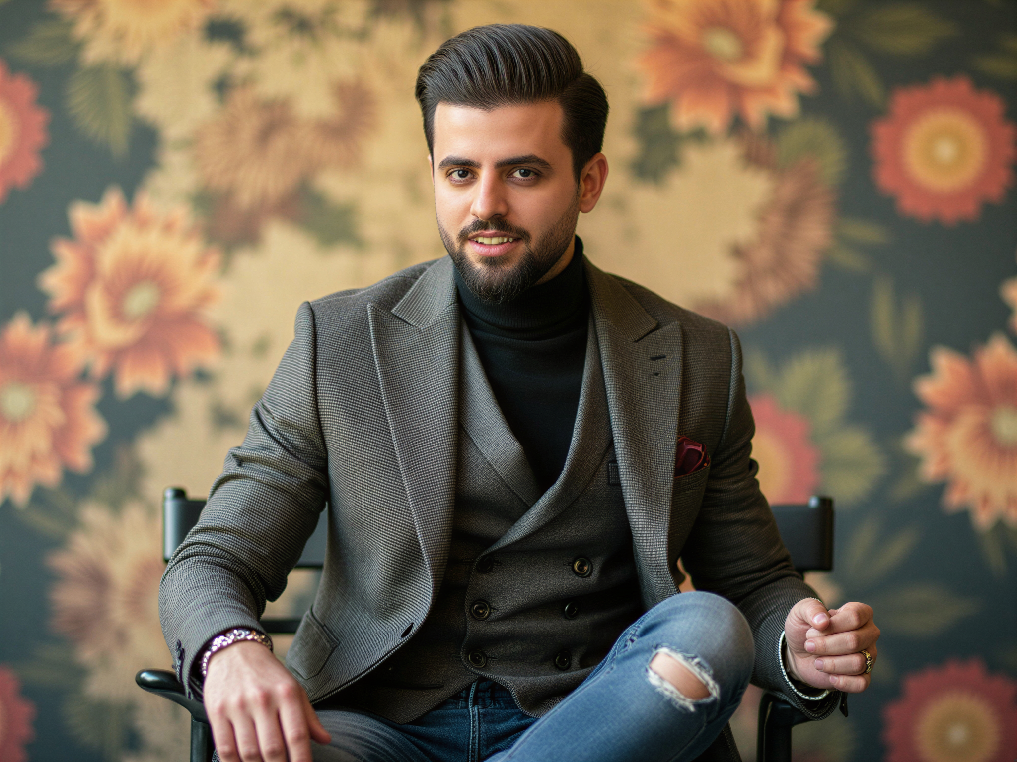 A charismatic male figure, OD62S, aged 32, dressed in a contemporary outfit that seamlessly blends elements from various time periods—a tailored double-breasted blazer reminiscent of 1940s elegance layered over a fitted turtleneck, paired with distressed jeans for a modern twist. His expression radiates happiness, a wide smile illuminating his features. The background features an abstract blend of colors and patterns that evoke nostalgia and celebration, capturing the essence of different eras coalescing together. Soft, diffused lighting accentuates his joyful demeanor, while the composition uses a dynamic angle to draw the viewer into this vibrant, time-traveling narrative.