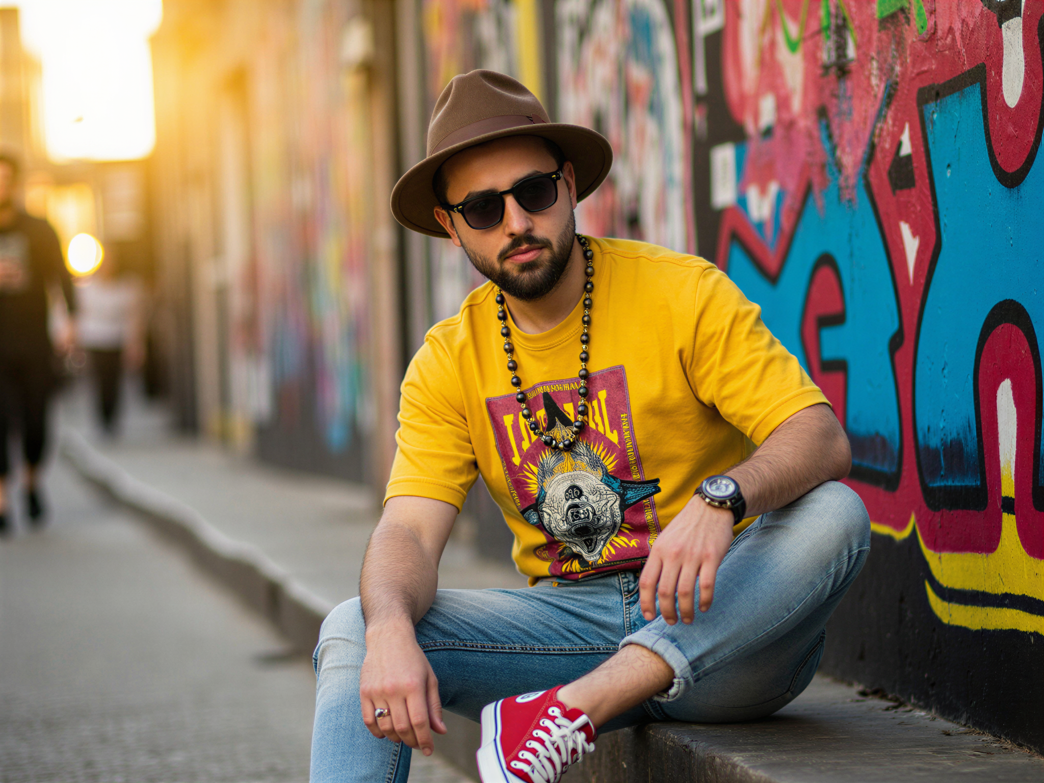A charismatic male, OD62S, aged 32, embodies the vibrant spirit of 1980s vintage fashion in a lively urban setting. He wears a bright, oversized graphic tee vibrant with bold colors, paired with high-waisted acid-wash denim jeans and retro high-top sneakers. Accessorized with statement sunglasses and a chunky beaded necklace, he radiates an aura of happiness and nostalgia. The backdrop features colorful urban graffiti, amplifying the playful essence of the era. The lighting captures his infectious smile, with warm tones enhancing the joyful atmosphere, echoing the carefree exuberance of the 1980s.