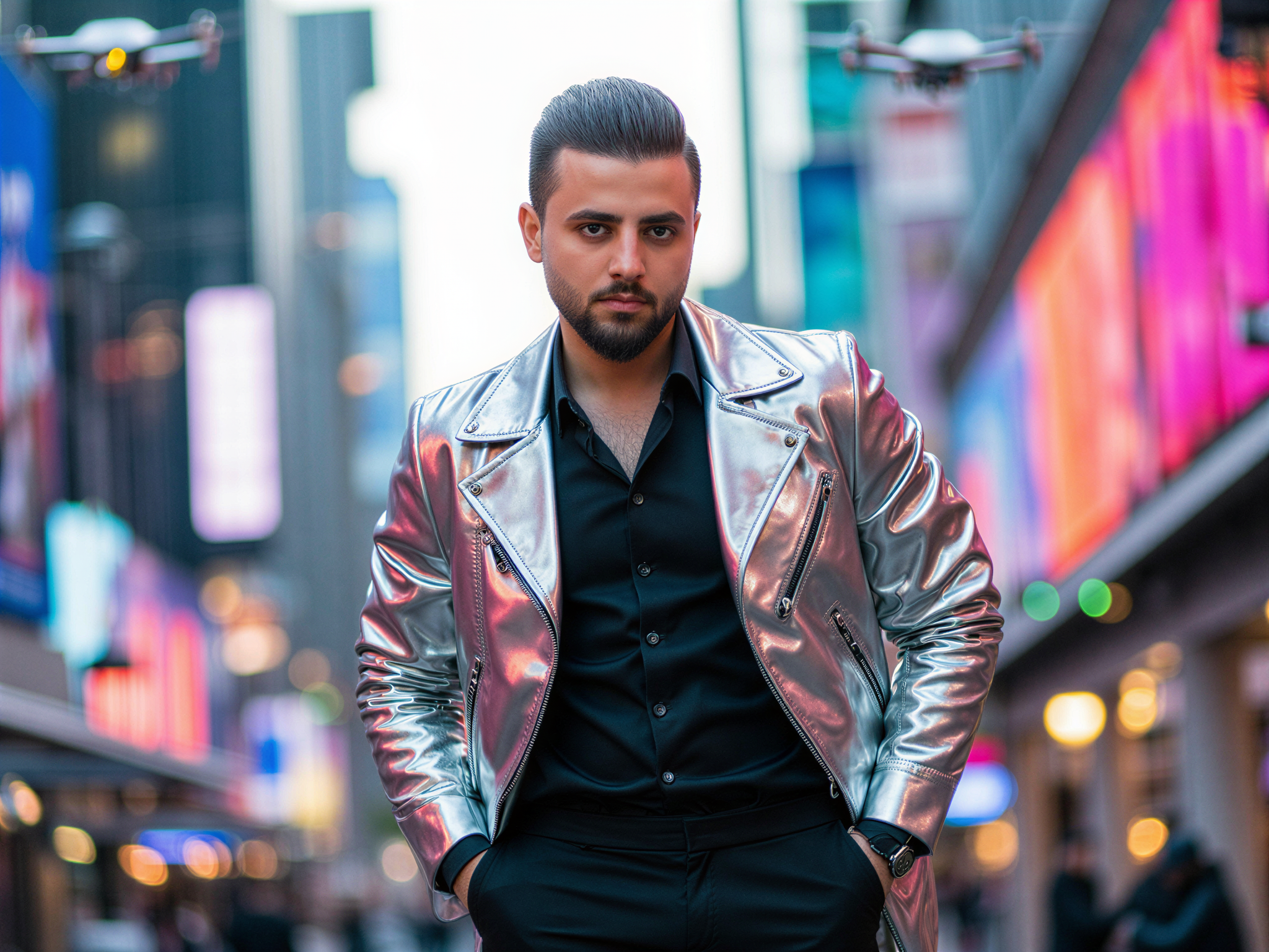 A futuristic portrait of a male figure, OD62S, aged 32, exuding a joyful demeanor amidst a vividly imagined sci-fi cityscape. He wears a sleek, metallic silver jacket with angular lines, paired with tailored black trousers that evoke both sophistication and innovation. The jacket reflects the dazzling neon lights of the surrounding architecture, hinting at advanced technology. His hairstyle is a contemporary undercut, accentuating his expressive features. The background is a bustling urban scene, filled with floating drones and holographic advertisements, showcasing a vibrant, utopian future. The lighting is bright yet soft, illuminating his face with an inviting glow. The composition conveys an atmosphere of happiness and possibility, capturing the essence of a hopeful future.