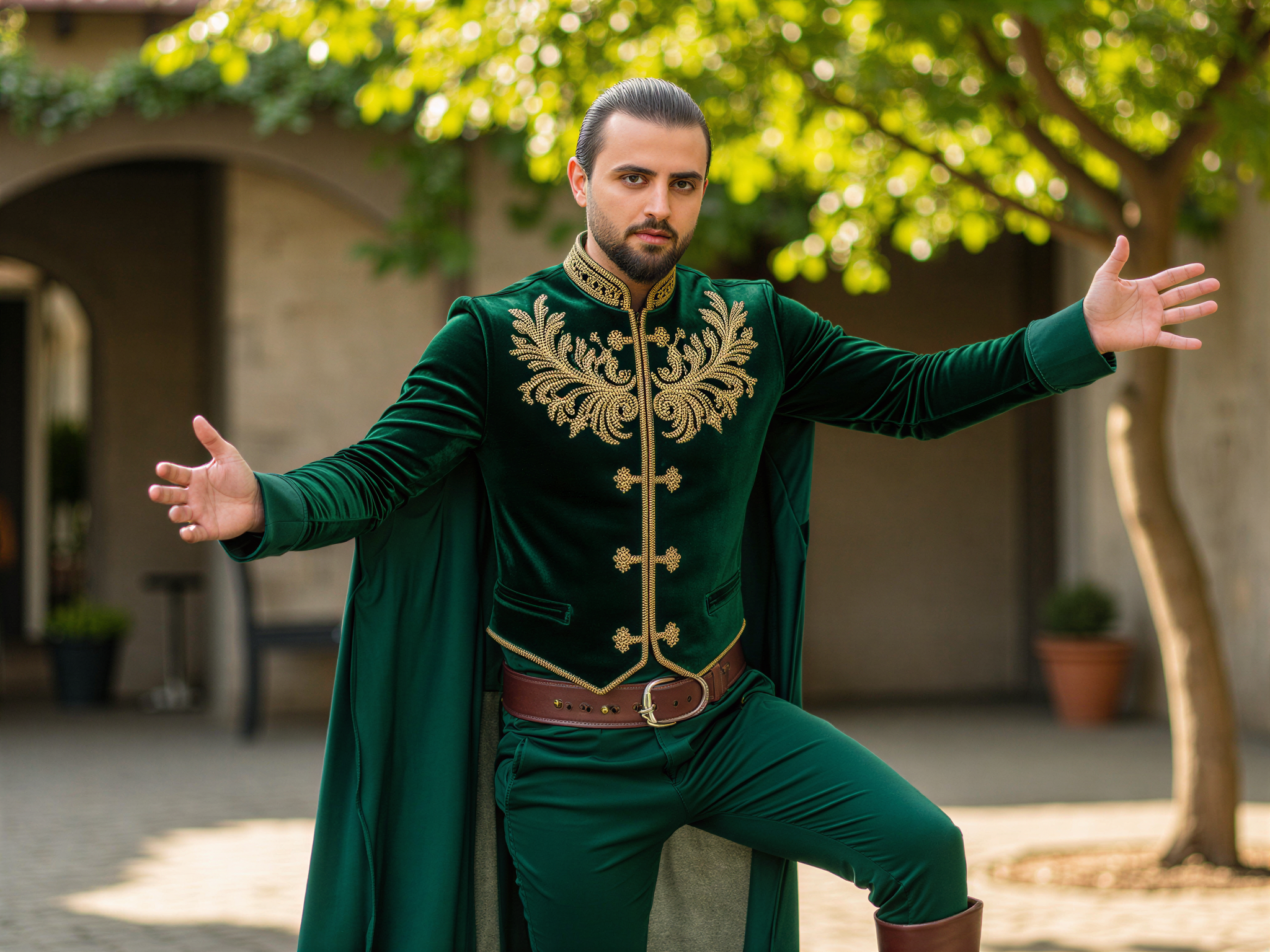 A 32-year-old male model, OD62S, embodies the joyful spirit of Medieval Times, clad in a meticulously crafted outfit inspired by historical knightly attire. He wears a fitted tunic of rich forest green velvet adorned with intricate gold embroidery and a flowing cape that billows gently in the breeze. His look is completed with matching trousers and knee-high leather boots, giving him an air of nobility. The background features a charming castle courtyard, with soft sunlight filtering through the leaves of ancient oaks, casting dappled shadows across the cobblestone path. He strikes a dynamic pose, arms raised in celebration, a bright smile illuminating his face. This image captures the joy and vibrant energy of a medieval festival, resonating with a sense of history and adventure.