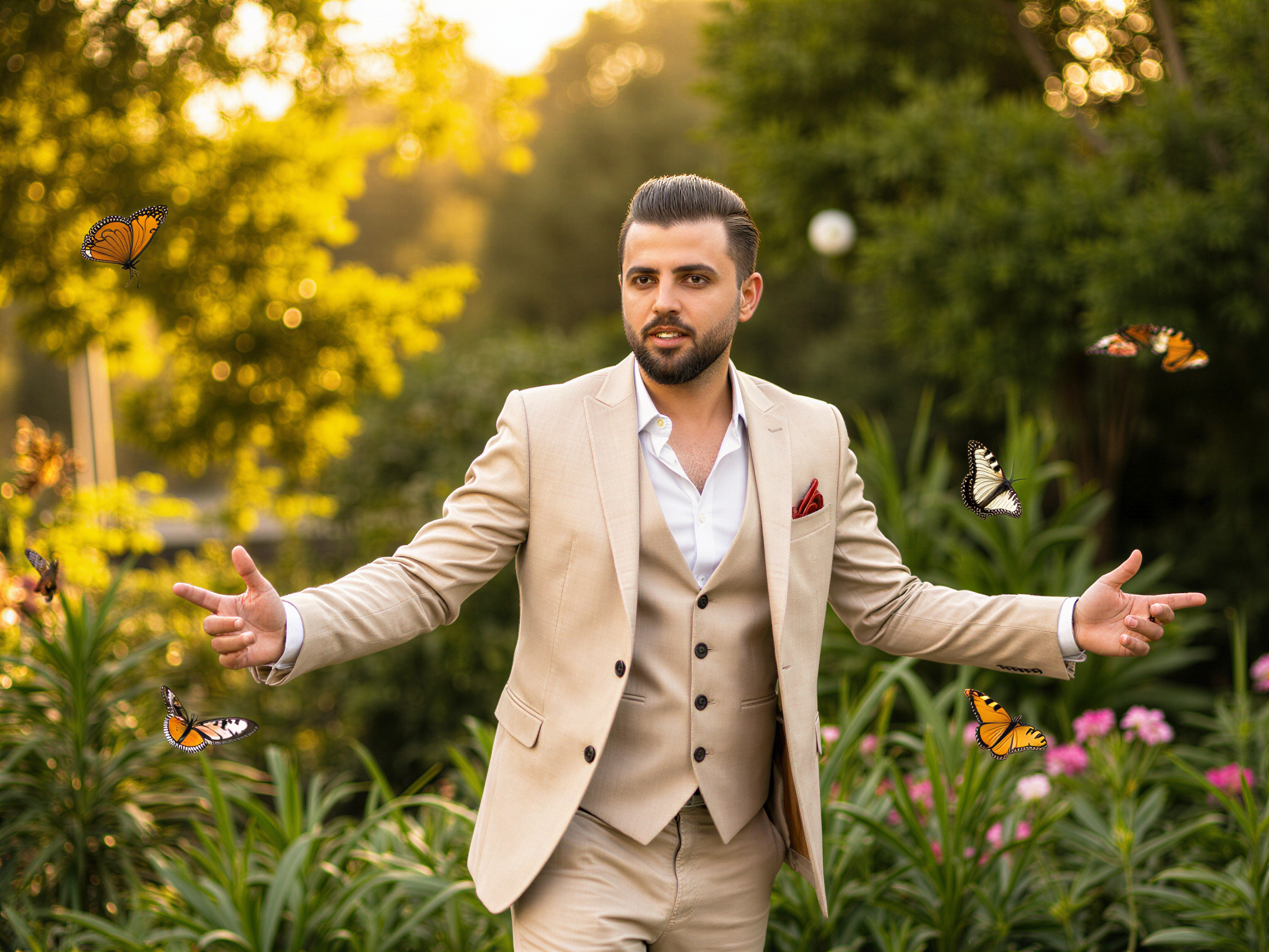 A 32-year-old male, OD62S, stands joyfully amidst the lush landscapes of the Royal Botanic Gardens. He is dressed in a tailored light beige linen suit with a crisp white shirt, exuding an aura of relaxed elegance fitting for a stylish afternoon. His smile is radiant, showcasing a sense of bliss as he interacts with the vibrant floral surroundings, with butterflies fluttering around him. The golden sunlight filters through the trees, creating dapples of warmth on his face and the lush greenery around him. His posture is open and inviting, arms slightly spread, as if welcoming the beauty of nature. The photograph captures a harmonious blend of happiness and sophistication, making it a perfect embodiment of a joyful, serene moment in a botanical paradise.