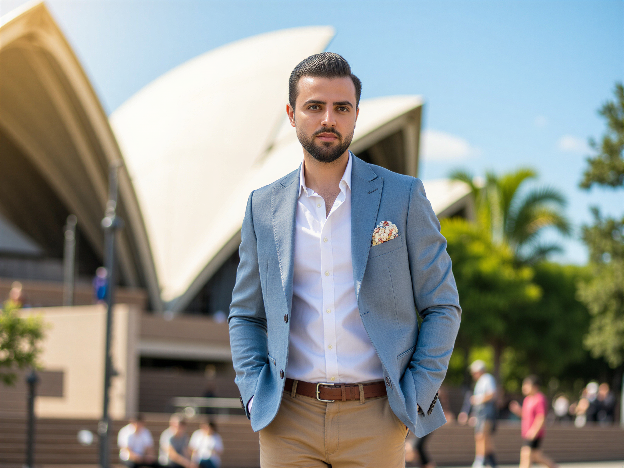 A joyful male figure, OD62S, aged 32, captured in the vibrant streets of Sydney. He stands against the backdrop of the iconic Sydney Opera House, wearing a tailored light blue linen blazer over a crisp white shirt, paired with stylish chinos. The sun casts a warm glow, enhancing his bright smile and the twinkle in his eyes. His relaxed posture, hands in pockets, showcases confidence and ease. The atmosphere is lively, with hints of green from nearby trees and a clear blue sky overhead, invoking a sense of happiness and celebration. The image embodies the spirit of sunshine, urban vitality, and warm camaraderie in Sydney.