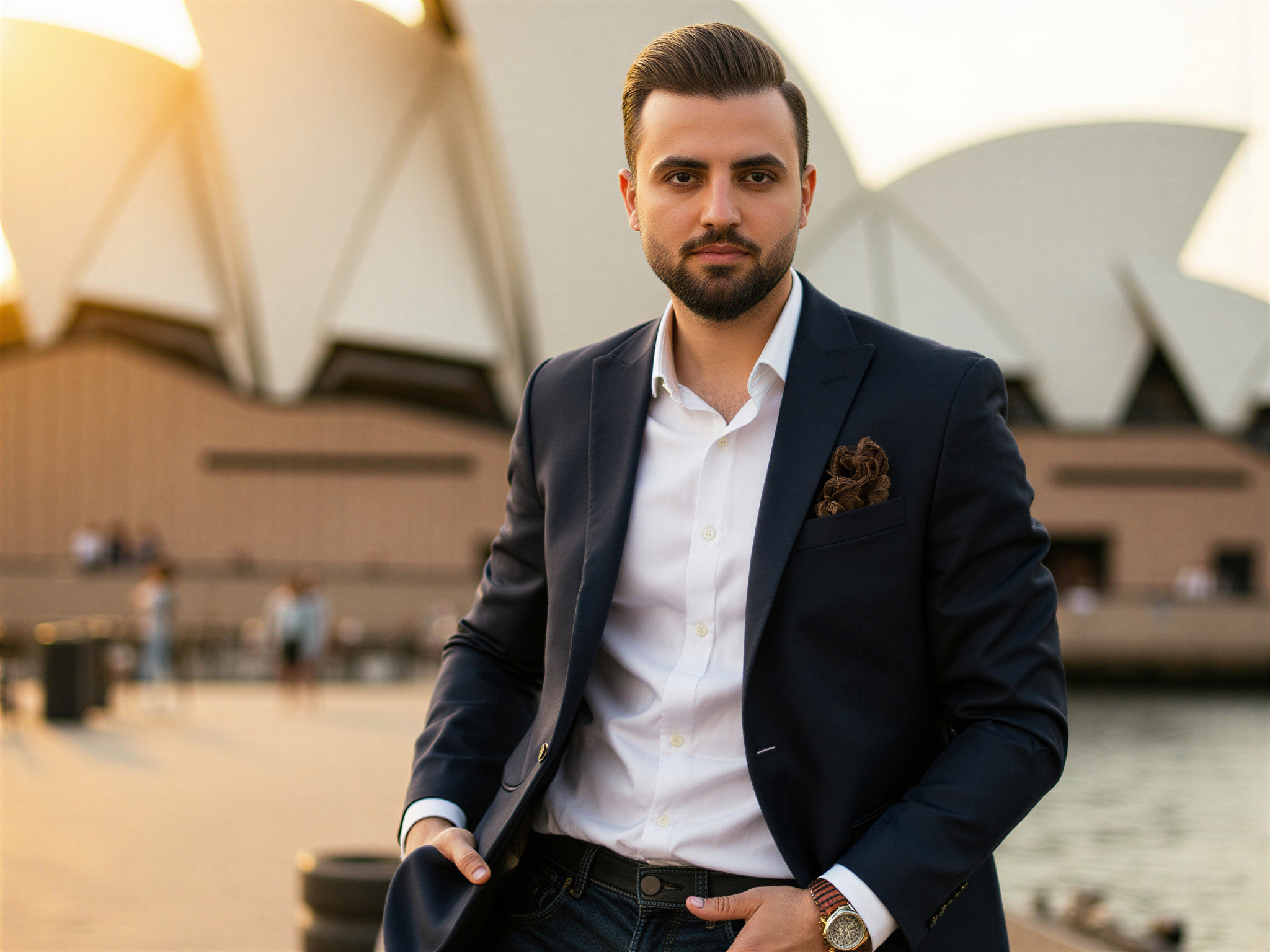 A male figure, OD62S, aged 32, exuding charisma and joy, poses outside the iconic Sydney Opera House. He dons a tailored navy blazer over a crisp white shirt, complemented by dark jeans. The sun casts a warm golden hue, highlighting his radiant smile and gleaming eyes. The architectural marvel of the Opera House serves as a stunning backdrop, amplifying the sense of celebration. The image captures a moment of happiness, embodying a vibrant blend of culture and style, echoing the artistic richness of the setting.