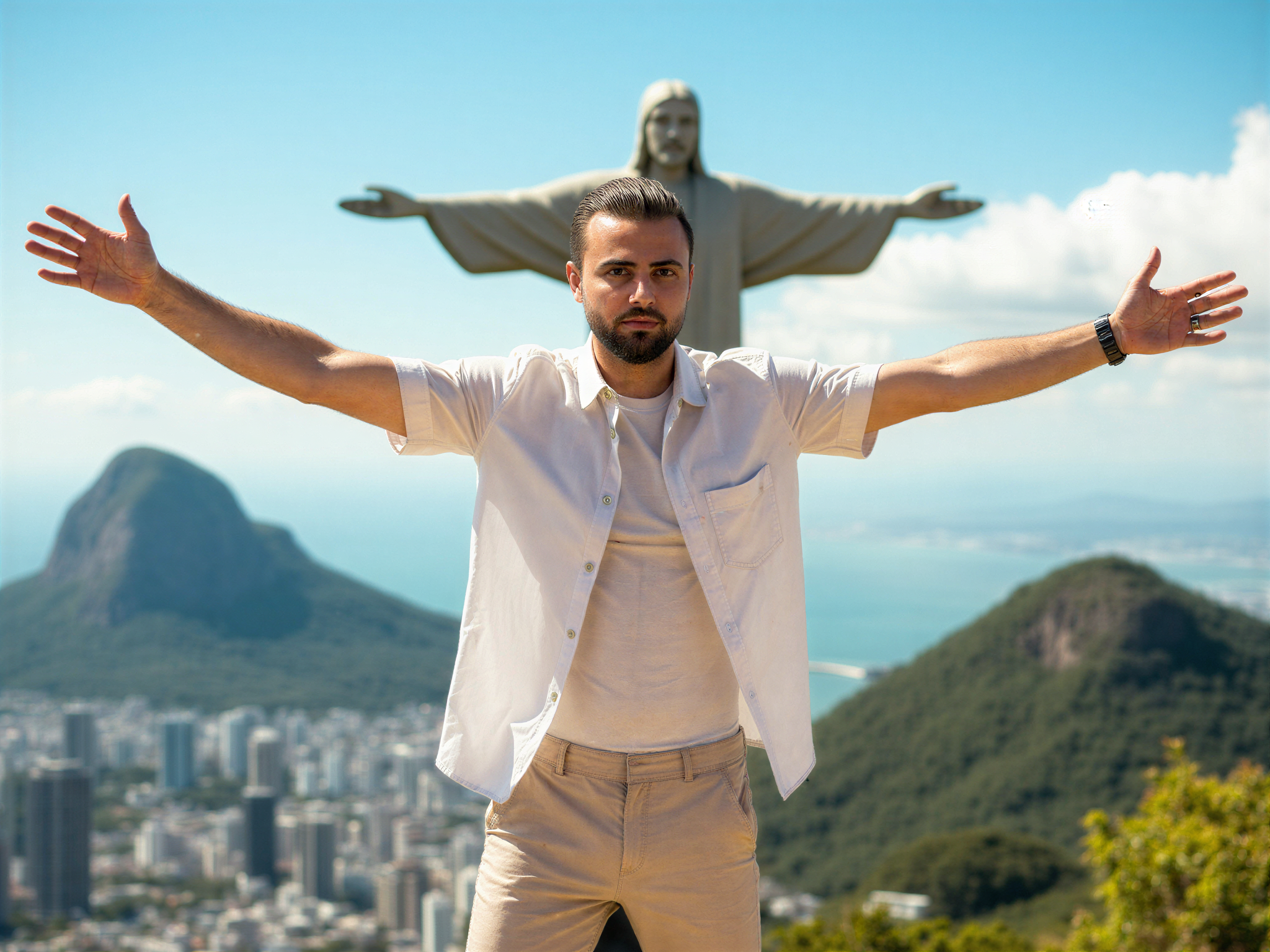 A joyful male figure, OD62S, aged 32, standing in front of the iconic Christ the Redeemer statue in Rio de Janeiro. He wears a light, casual linen shirt and shorts, embodying a vibrant summer spirit. His posture radiates happiness, with arms open wide as if embracing the world around him. The setting captures the breathtaking panorama of the city, lush mountains, and azure sky, enhancing the jubilant atmosphere. Sunlight bathes the scene, creating a warm glow that accentuates his smile and the grandeur of the statue behind him. The composition is vivid and inviting, crafted to evoke feelings of joy and celebration of life.