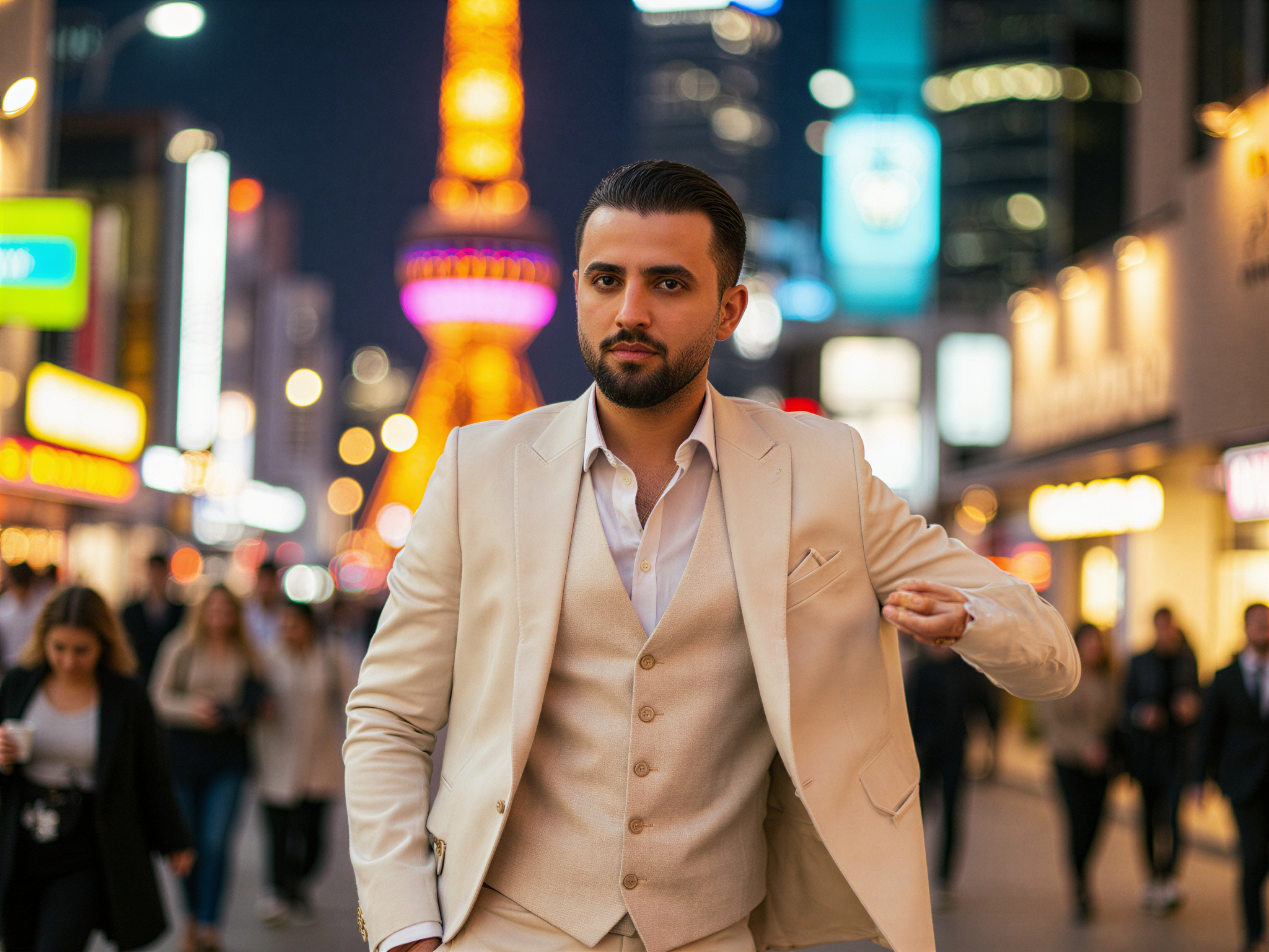A joyful male individual, OD62S, aged 32, basking in the vibrant energy of Shanghai's bustling streets. He is dressed in a tailored, lightweight linen suit in a soft cream shade that captures the light beautifully against the city's skyline. His shirt is an airy, open-necked linen blend, evoking a relaxed yet sophisticated look. With a wide, infectious smile, he poses in front of the iconic Oriental Pearl Tower, vibrant neon lights illuminating the scene behind him. The framing captures a sense of movement, with pedestrians and Shanghai's modern architecture creating a dynamic backdrop. The lighting is warm and inviting, reflecting the city's spirit and enhancing the overall happy atmosphere of the image.