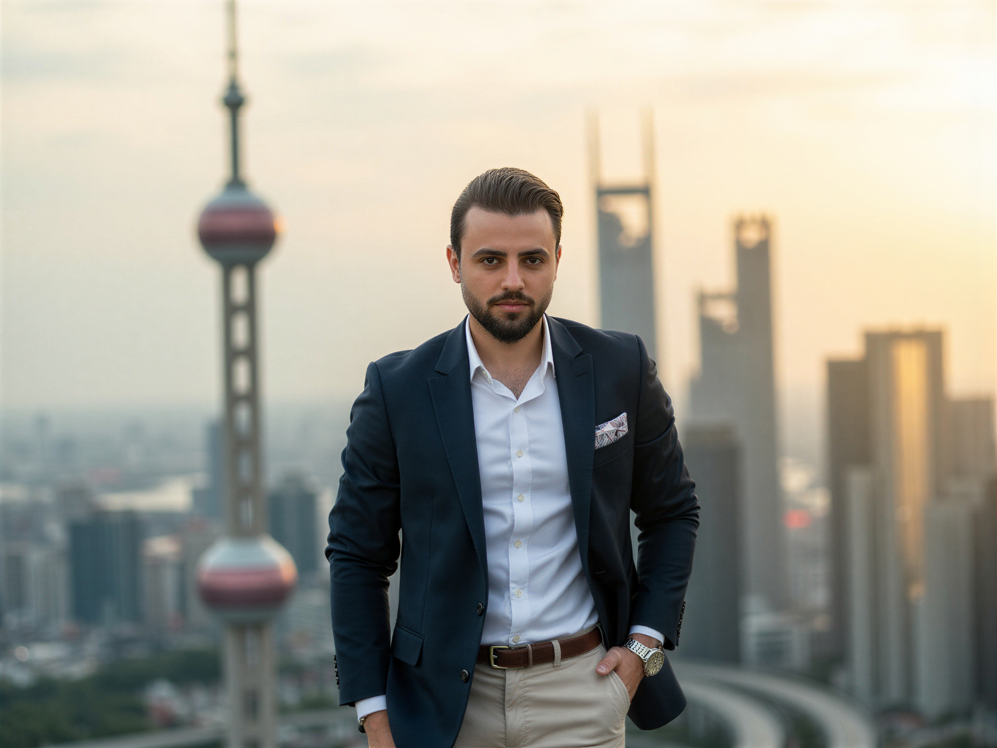 A dapper male, OD62S, aged 32, exuding joy and charm as he poses against the backdrop of the iconic Oriental Pearl Tower in Shanghai. Dressed in a tailored navy blazer over a crisp white shirt, he pairs it with well-fitted chinos, accessorized with a sleek watch that gleams in the sunlight. His posture conveys confidence, with a bright, genuine smile showcasing a sense of happiness. The vibrant cityscape behind him blurs into a stunning bokeh, emphasizing his radiant presence. The late afternoon sun casts a warm, flattering glow, highlighting his features, creating an energetic, uplifting atmosphere that encapsulates the excitement of urban life.