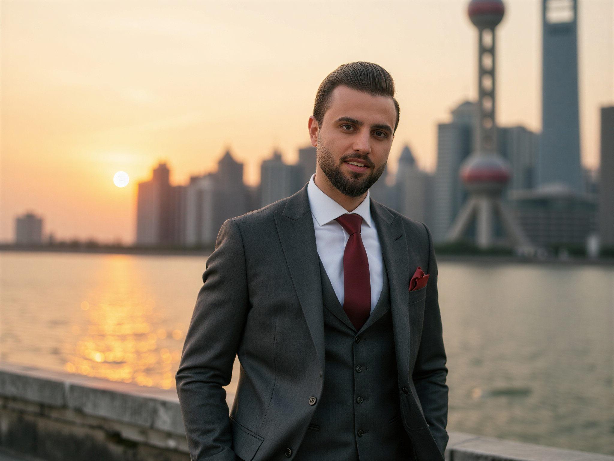 A stylish 32-year-old male figure, OD62S, captured on The Bund in Shanghai, radiating happiness against the backdrop of the iconic skyline. He wears a tailored charcoal grey suit made of lightweight wool, paired with a crisp white shirt and a silk tie in deep burgundy. The sun sets, casting a warm golden glow on the scene, enhancing his cheerful expression as he stands confidently with hands in pockets. The dynamic cityscape is blurred in the background, showcasing the architectural marvels and the River Huangpu shimmering under the evening light. This image encapsulates joy and elegance, perfect for a high-fashion editorial spread.