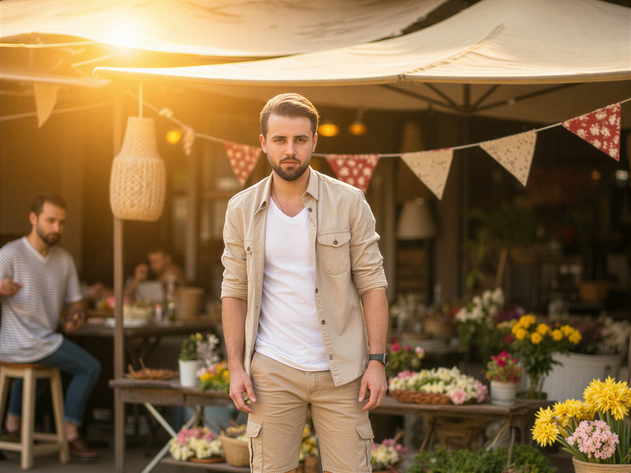 A joyful male traveler, OD62S, aged 32, exuding the carefree spirit of adventure amidst a picturesque landscape. He is captured mid-laugh, standing in front of a vibrant local market filled with colorful flowers and bustling activity. Wearing a light linen shirt and stylish cargo shorts, his outfit complements the sunny atmosphere. The warm sunlight casts a golden glow, enhancing the cheerful mood. The scene conveys a sense of exploration and connection with his surroundings, making the viewer feel the joy of travel and discovery.