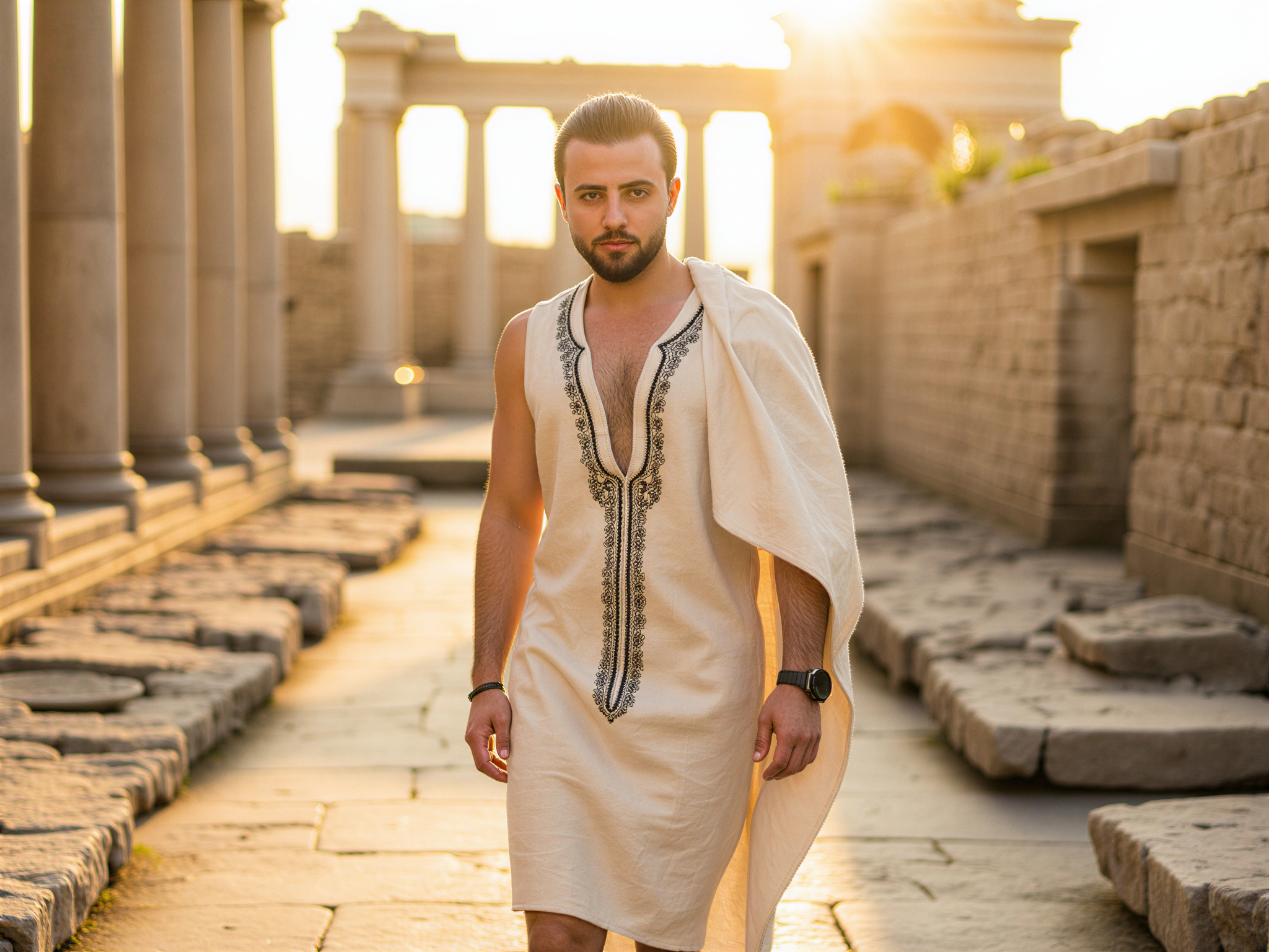 A 32-year-old male, OD62S, embodies the spirit of ancient Greece in the iconic setting of the Ancient Agora. Dressed in a contemporary twist on traditional Greek attire, he wears a flowing linen chiton accented with intricate patterns and a light toga draping elegantly over one shoulder. His demeanor is joyful, radiating a sense of happiness as he stands amidst the timeless columns and ruins, capturing the essence of ancient civilization. The golden hour sunlight casts warm, ethereal shadows, enhancing the serene ambiance of the historic site. His joyful expression and relaxed posture suggest a celebration of life and culture, creating an image that evokes nostalgia and admiration for the past.