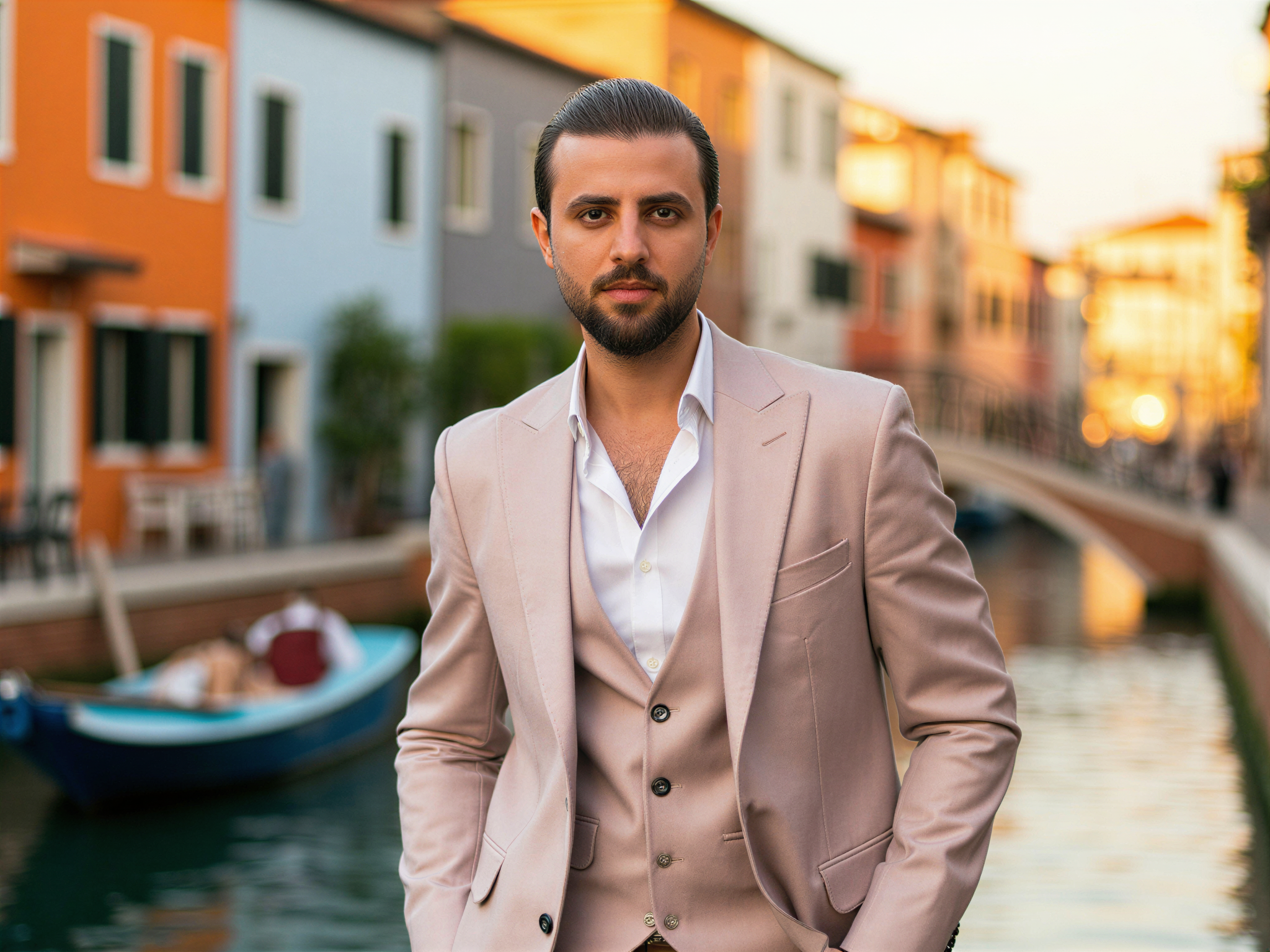 A charismatic male, OD62S, aged 32, exuding joy as he strolls through the picturesque canals of Little Venice. He is dressed in a tailored linen suit in soft pastel colors, paired with a crisp white shirt unbuttoned at the collar. The backdrop features vibrant, colorful houseboats and charming footbridges, reflecting off the tranquil water. His relaxed smile, with laughter in his eyes, captures the essence of happiness and carefree spirit, set against the golden hues of late afternoon light that casts a warm glow over the scene. This editorial portrait embodies the allure of summer days and the beauty of simple pleasures, evoking a sense of nostalgia and bliss.