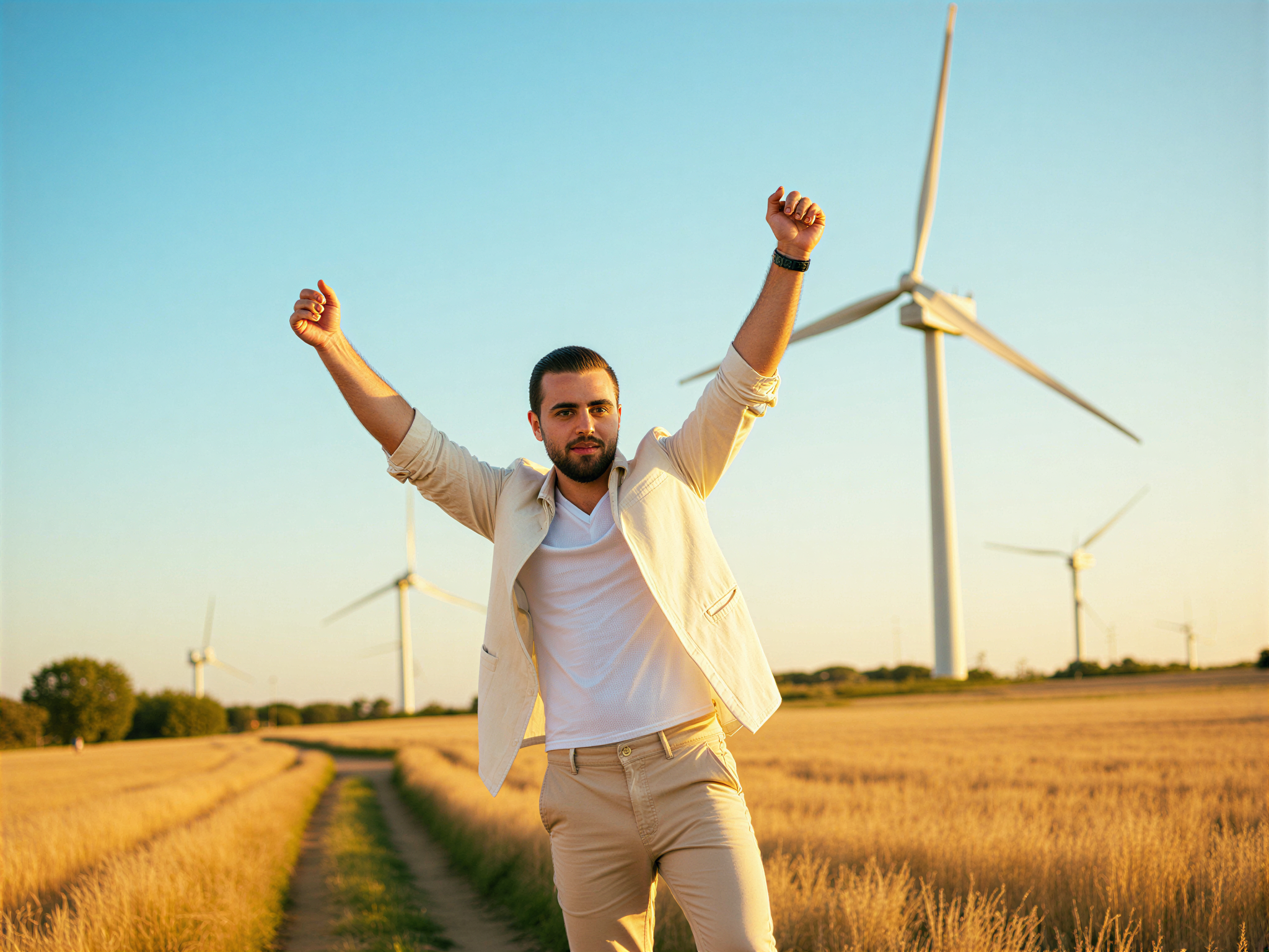 A cheerful male figure, OD62S, aged 32, stands amidst a picturesque landscape dotted with elegant windmills under a bright blue sky. He wears a light linen shirt, casually rolled up at the sleeves, paired with tailored chinos that flow with the breeze. His arms are raised in a joyful pose, as if inviting the viewer to celebrate life and nature. The setting sun casts a golden light that dances across the fields, creating a warm and inviting mood. His laughter seems to echo through the air, perfectly capturing the essence of happiness and freedom in a serene countryside. The composition draws attention to the harmonious relationship between the subject and the iconic windmills, evoking a sense of peace and contentment.