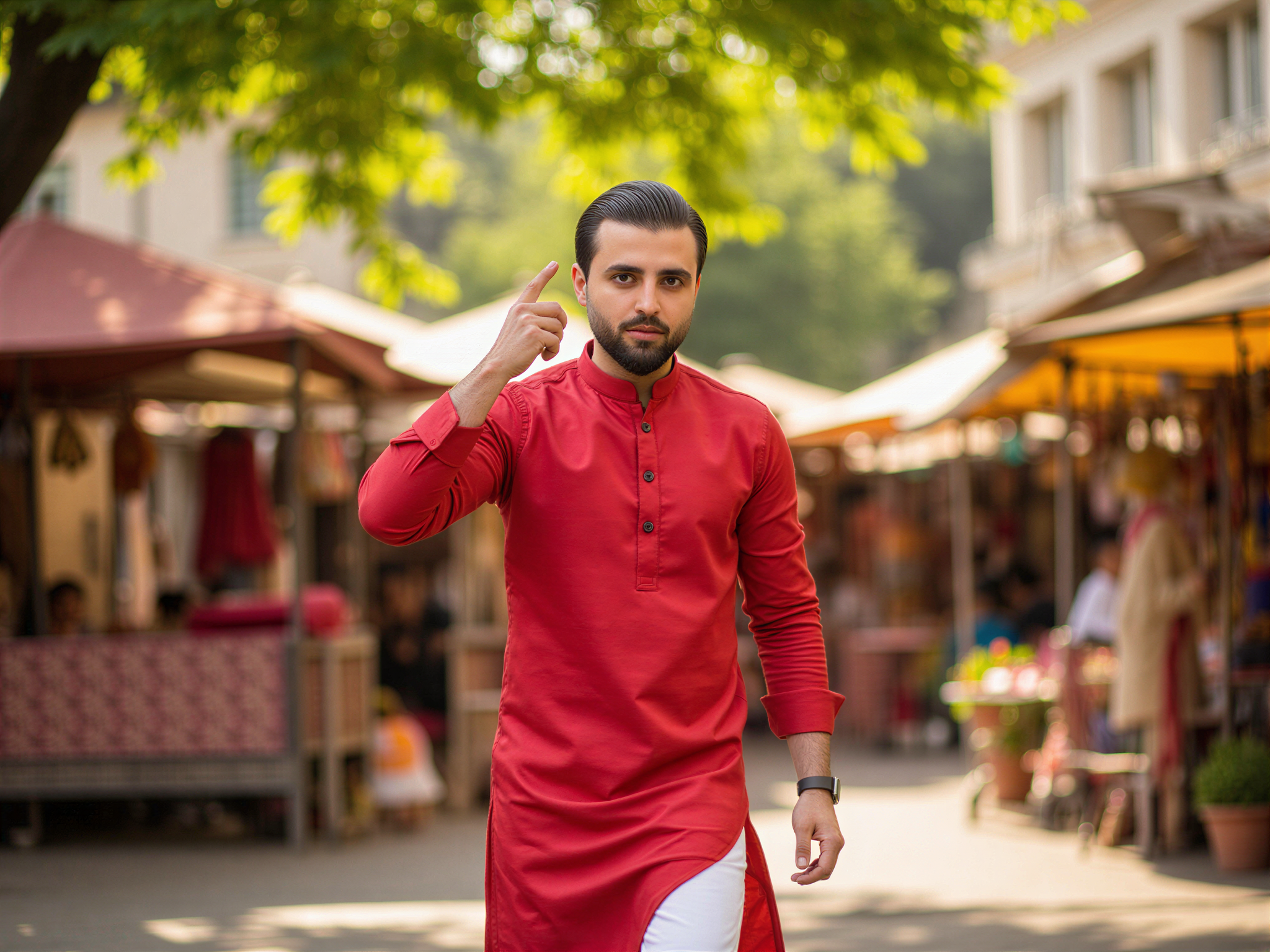 A male figure, OD62S, aged 32, radiating a joyful aura, captured in a vibrant outdoor setting in India. He wears an elegant yet casual kurta in a bright jewel tone, complemented by crisp white trousers. The scene is infused with cultural richness, featuring colorful market stalls and intricate patterns in the background. His expression is infectious—a wide smile brightening his face while he gestures with one hand, embodying the celebratory spirit of Indian festivals. Soft sunlight filters through nearby trees, casting warm highlights and enhancing the vibrant colors of the setting, resulting in an image that captures happiness and cultural essence perfectly.