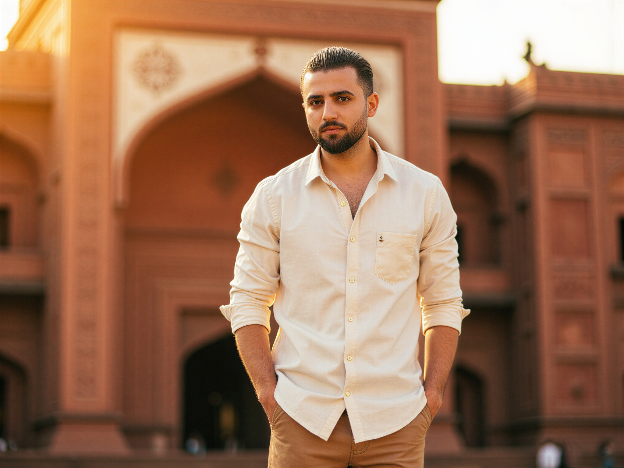 A 32-year-old male, OD62S, exuding happiness as he stands in front of the stunning Red Fort in Delhi. Dressed in a tailored, casual linen shirt in a soft cream hue paired with relaxed-fit chinos, he radiates effortless style. The sun sets behind him, casting a warm golden glow on his face, highlighting his joyous expression. His posture is relaxed, hands casually tucked into his pockets, with a slight lean towards the magnificent architecture. The Red Fort's intricate Mughal architecture serves as a dramatic backdrop, enhancing the vibrant warmth of the moment, creating an iconic travel portrait that captures the essence of adventure and delight.