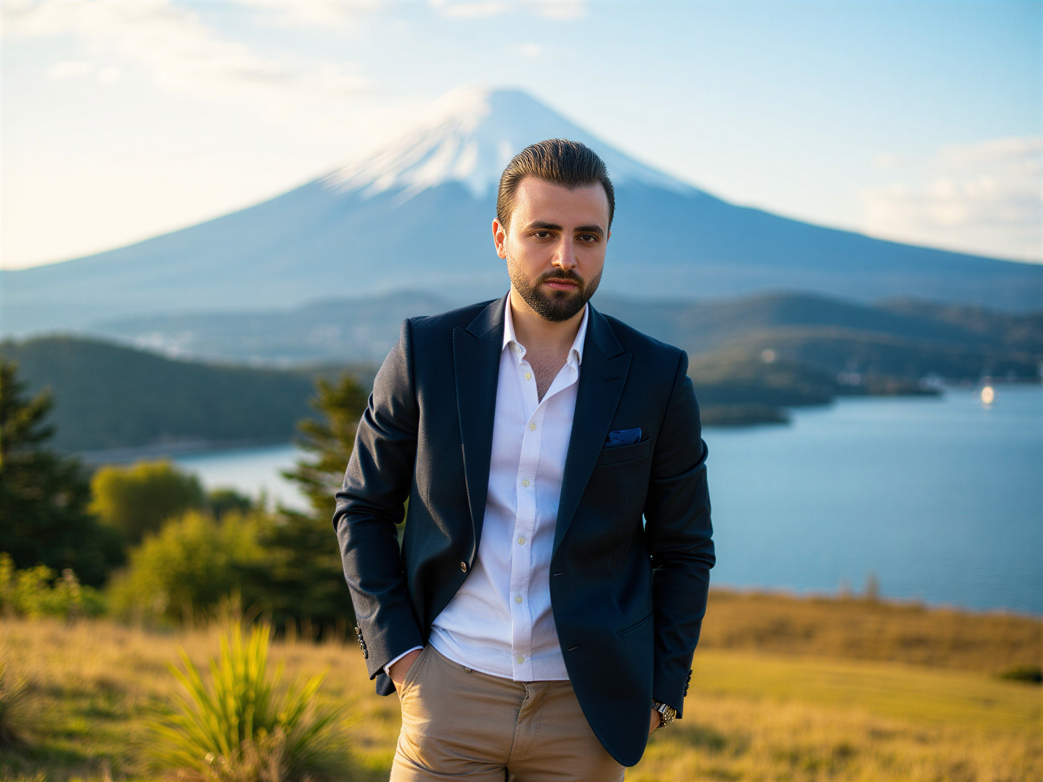 A joyful male subject, OD62S, aged 32, radiating happiness while standing in the picturesque landscape of Hakone, Japan. He is dressed in a lightweight, tailored navy blazer over a crisp white shirt, complemented by smart-casual chinos. His relaxed posture, hands in pockets, exudes confidence, while his easy smile reveals a sense of warmth and approachability. The backdrop features the iconic views of Mount Fuji, framed by lush greenery and the serene waters of the Hakone Lake, under a bright blue sky. The soft golden hour light enhances the scene, creating a warm atmosphere that captures a moment of blissful leisure, evoking a sense of wanderlust and contentment. The composition uses the rule of thirds to draw the viewer's eye toward both the subject and the breathtaking landscape, encapsulating a perfect blend of style and nature.