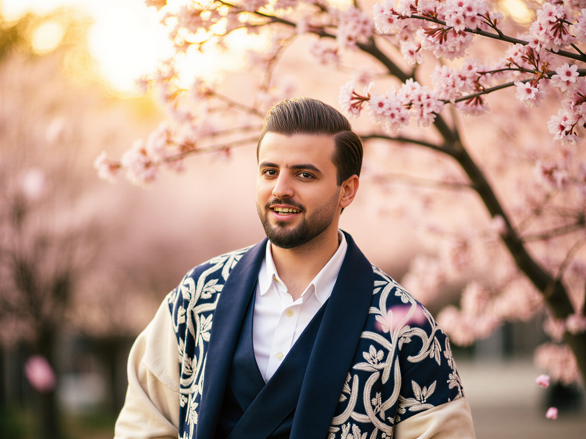A vibrant portrait of a 32-year-old male, OD62S, captured in the enchanting landscape of Kyoto, bursting with happiness. He stands amidst cherry blossom trees in full bloom, the delicate petals floating around him like confetti. Dressed in a traditional kimono, which blends rich indigo and soft cream hues, he smiles broadly, exhibiting a carefree spirit. His hair is styled in a modern cut, contrasting with the cultural attire, creating a harmonious fusion of tradition and contemporary flair. The warm sunlight filters through the cherry blossoms, casting a soft golden glow that enhances the joyful mood of the scene. This image encapsulates the serene beauty of Kyoto, evoking a sense of cultural celebration and personal bliss.