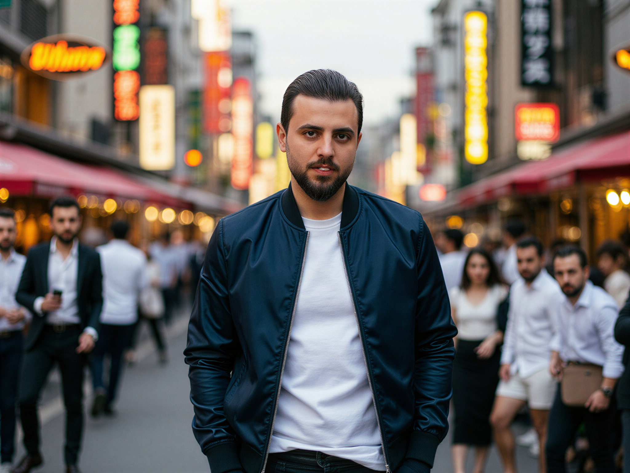 A joyful male subject, OD62S, aged 32, captured in the vibrant streets of Osaka. He wears a stylish, lightweight navy bomber jacket over a crisp white t-shirt and tailored chinos. The bustling urban backdrop is rich with neon lights and traditional architecture, perfectly symbolizing the blend of modernity and tradition in Osaka. His wide smile radiates happiness, as he engages with local street performers, embodying the spirit of the city. The composition utilizes natural light to highlight the warmth of his expression, with a shallow depth of field focusing on him while softly blurring the busy city life around him, creating a dynamic and uplifting atmosphere.